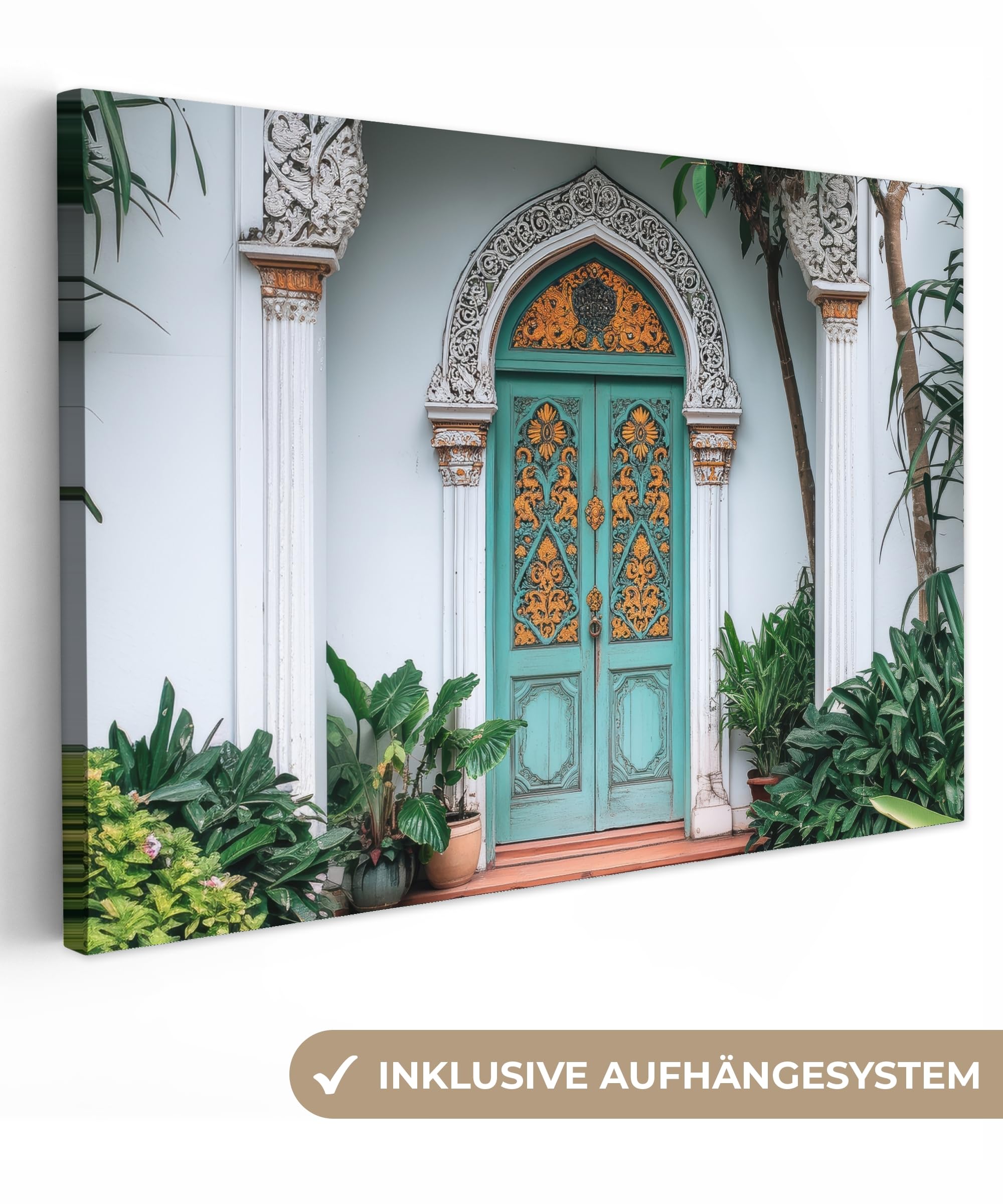 Outdoor Wandbild 150x100 cm Leinwand Für Draußen Gartendeko Terrasse Leinwandbilder Balkon Wandgemälde Deko Wetterfest Wall Art Tür - Muster - Pflanzen