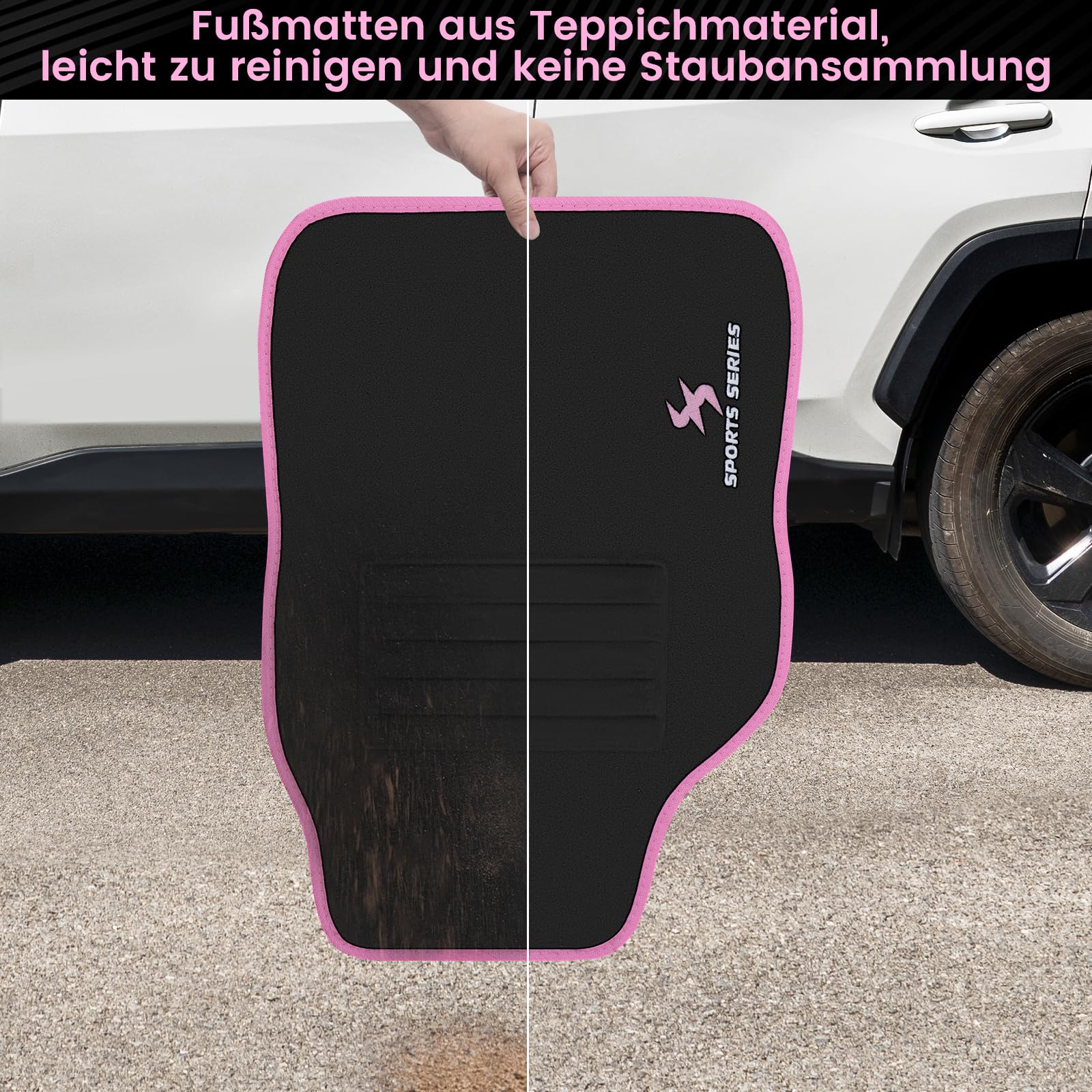 WOLTU Set di 4 Tappetini per Auto Universali Tappetini Antiscivolo per Macchina Protezioni Moquette con Ricamo a Lettera e Bordatura Rosa