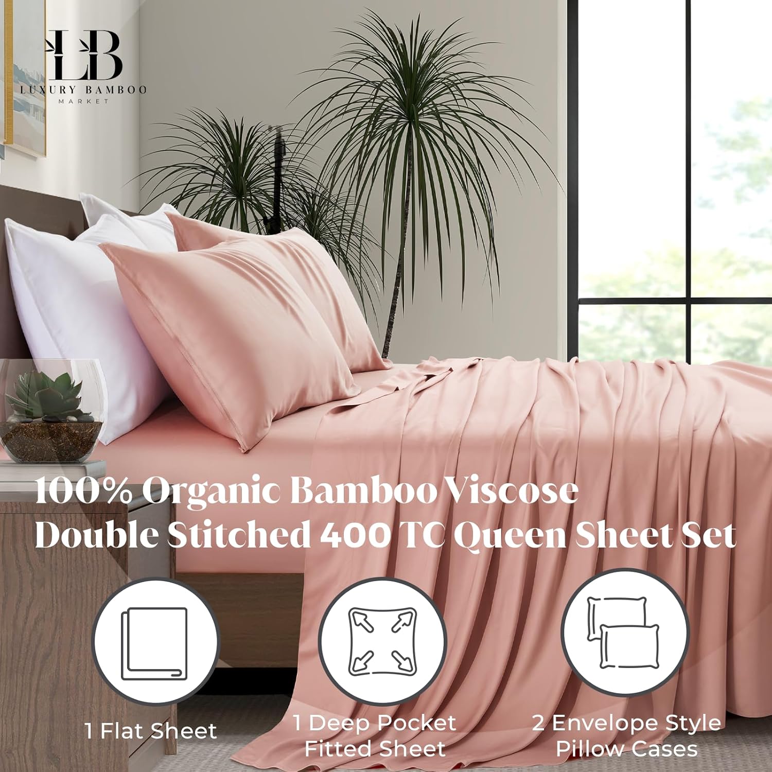 Luxury Bamboo Market | Queen Size Bed Sheet Set | 100% Viscose Made from Bamboo | Organically Grown | Ultra Soft | Cooling Sheets for Hot Sleepers | 17" Deep Pocket [Rose Quartz] - Image 2