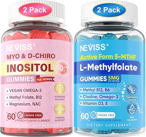 NEVISS Paquete de 2 gomitas de mio-inositol y D-Chiro inositol + paquete de 2 gomitas de metilfolato L y metilo B12