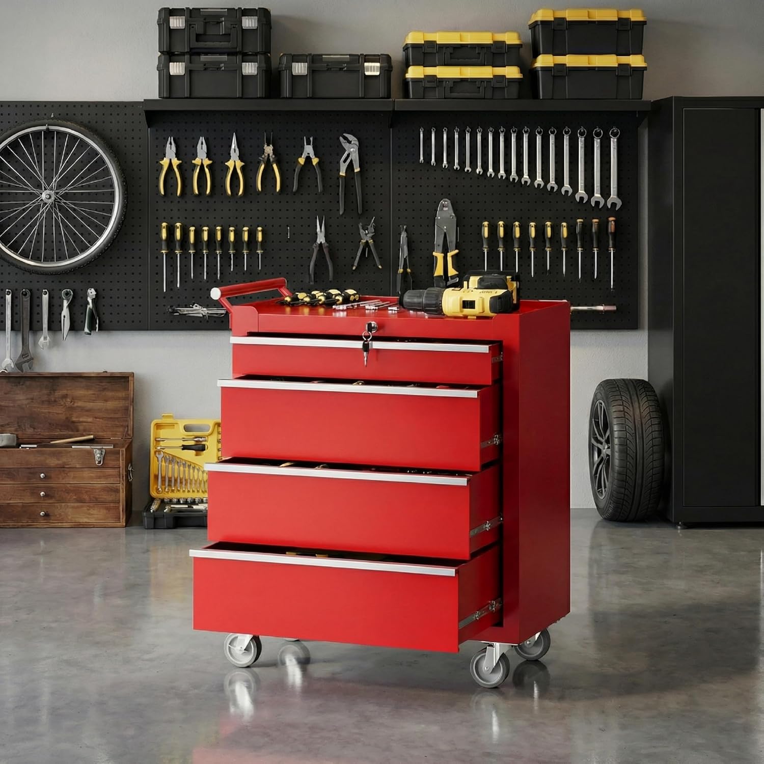 idealhouse rolling tool chest, 4 drawers tool storage cabinet, toolbox with wheels, portable tool cabinet organizer with locking system & drawer liners, tool storage cart for garage, workshop, red red 4 drawers