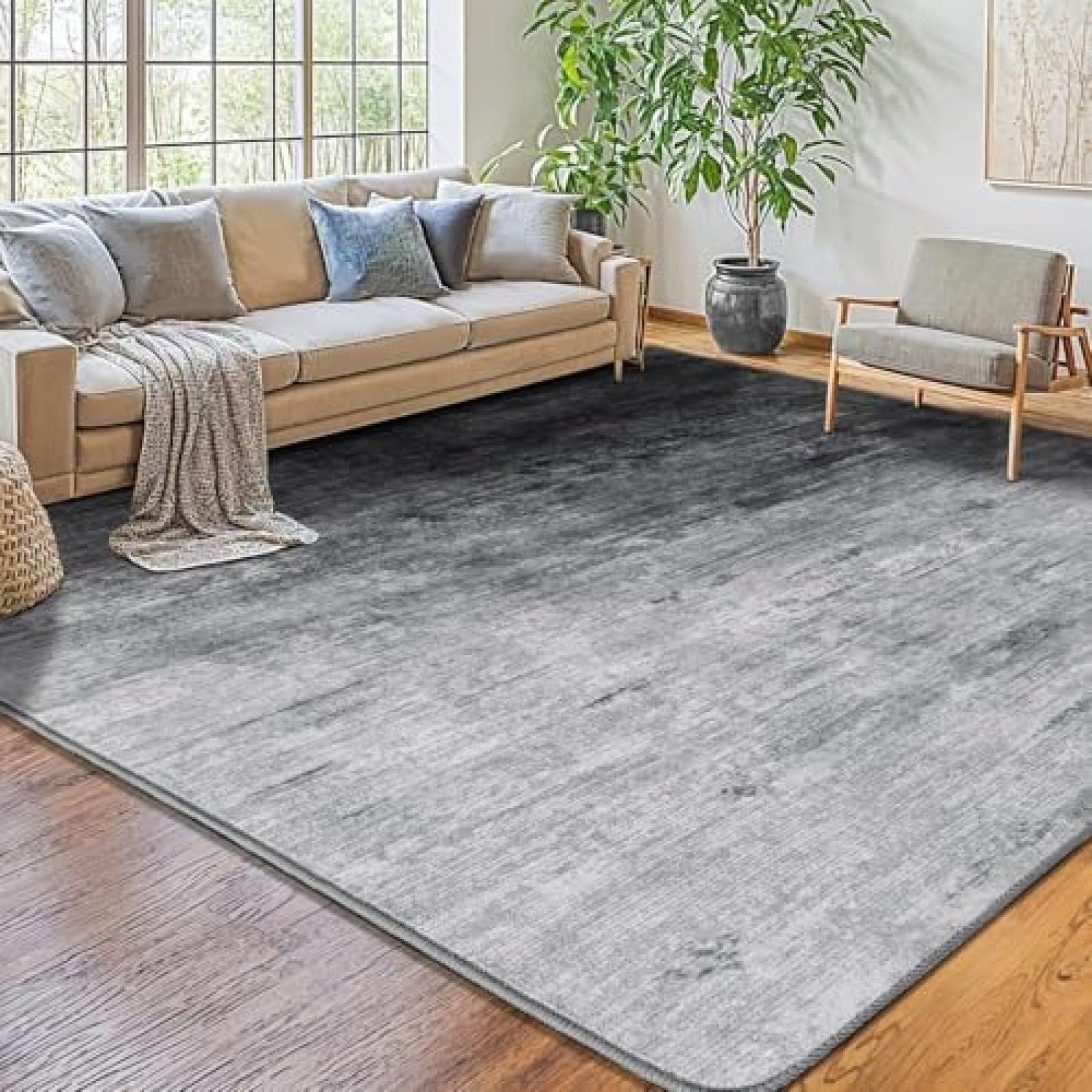 Tapis de salon gris 200 x 250 cm antidérapant et lavable pour décoration moderne de chambre