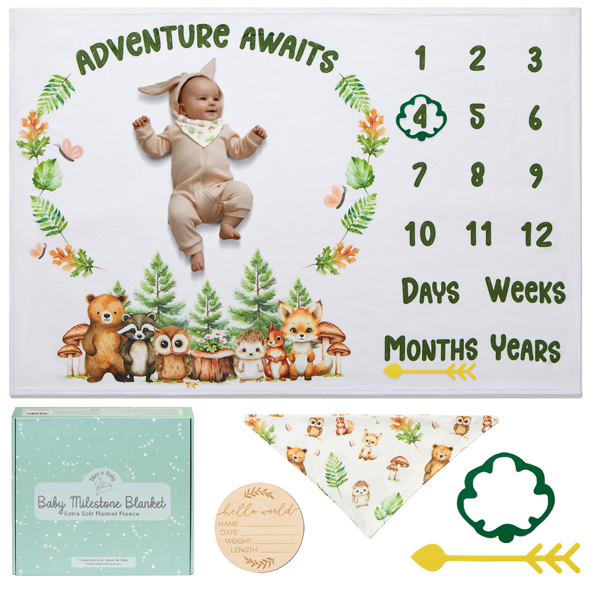 Bliss n' Baby Monthly Milestone Blanket for Baby Boys &amp; Girls - 60"x40" - Wrinkle Free Newborn Blanket with Baby Announcement Sign, Bib &amp; Frames - Washable &amp; Dryable - Woodland Theme Photo Props