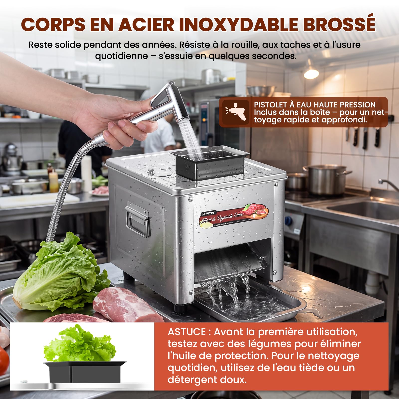 NEWTRY Trancheuse viande électrique commerciale 5mm 750W Gastro | Acier inoxydable, lames interchangeables, moteur puissant, facile à nettoyer, trancheuse pour boucheries et restaurants