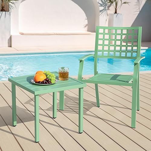 Miniatura 7 de NUU GARDEN Juego de 3 piezas de bistró para exteriores, muebles de patio para todo tipo de clima con 2 sillas apilables de metal y mesa cuadrada,