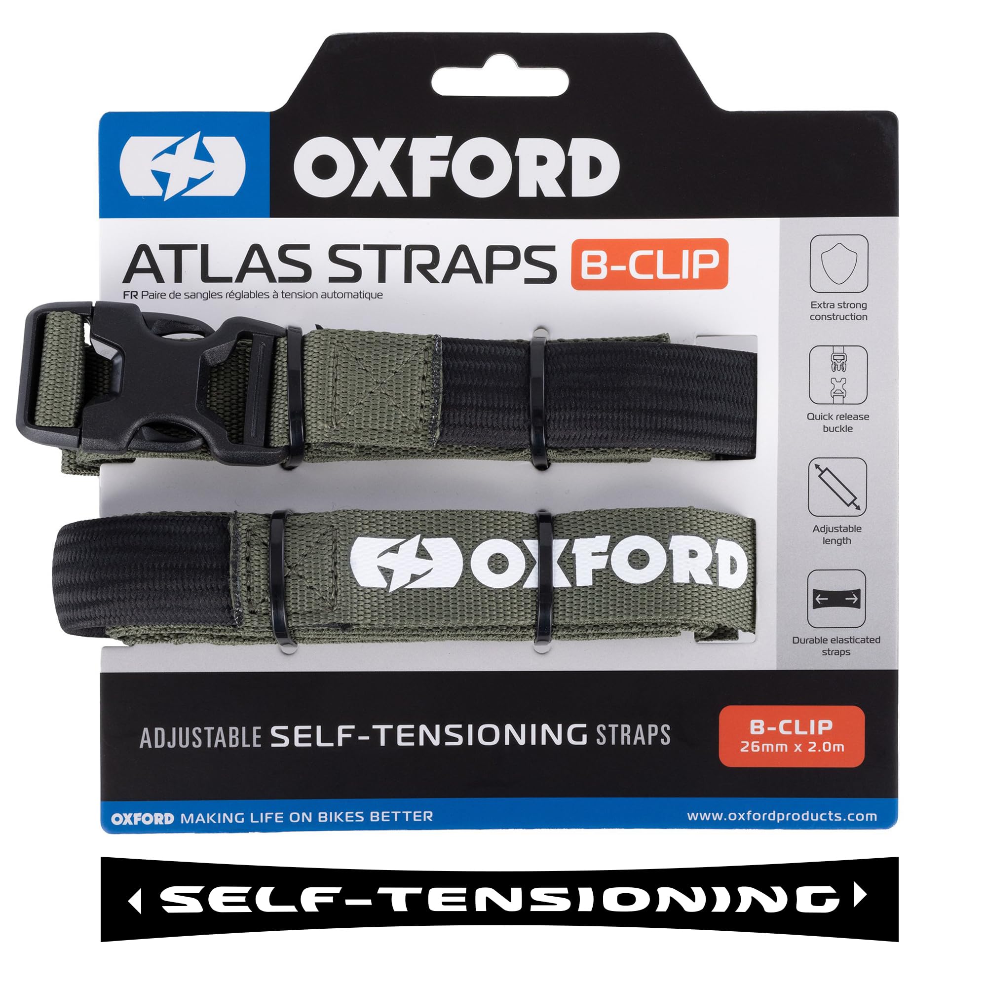 Atlas B-Clip (Pair), 26mm x 2.0m, Lichen. Motorcycle Adjustable Luggage Strap