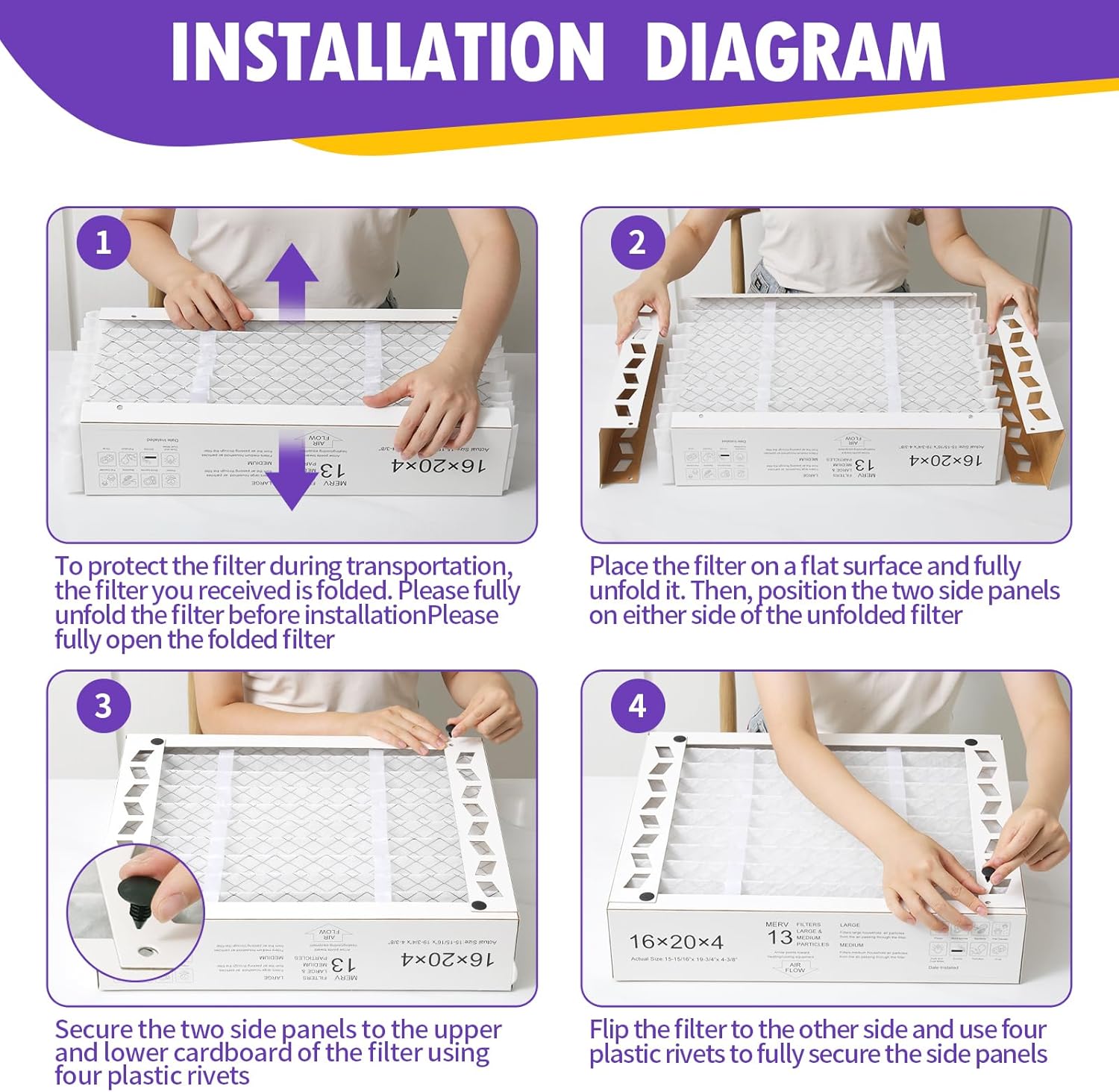 DerBlue 2PACK 16x20x4 MERV 13 Furnace Filter Replacement Compatible with Honeywell FC100A1003 Pleated HVAC,Foldable Design for Easy Installation & Space-Saving(Actual Size: 15.94 x 19.75 x 4.38 In)