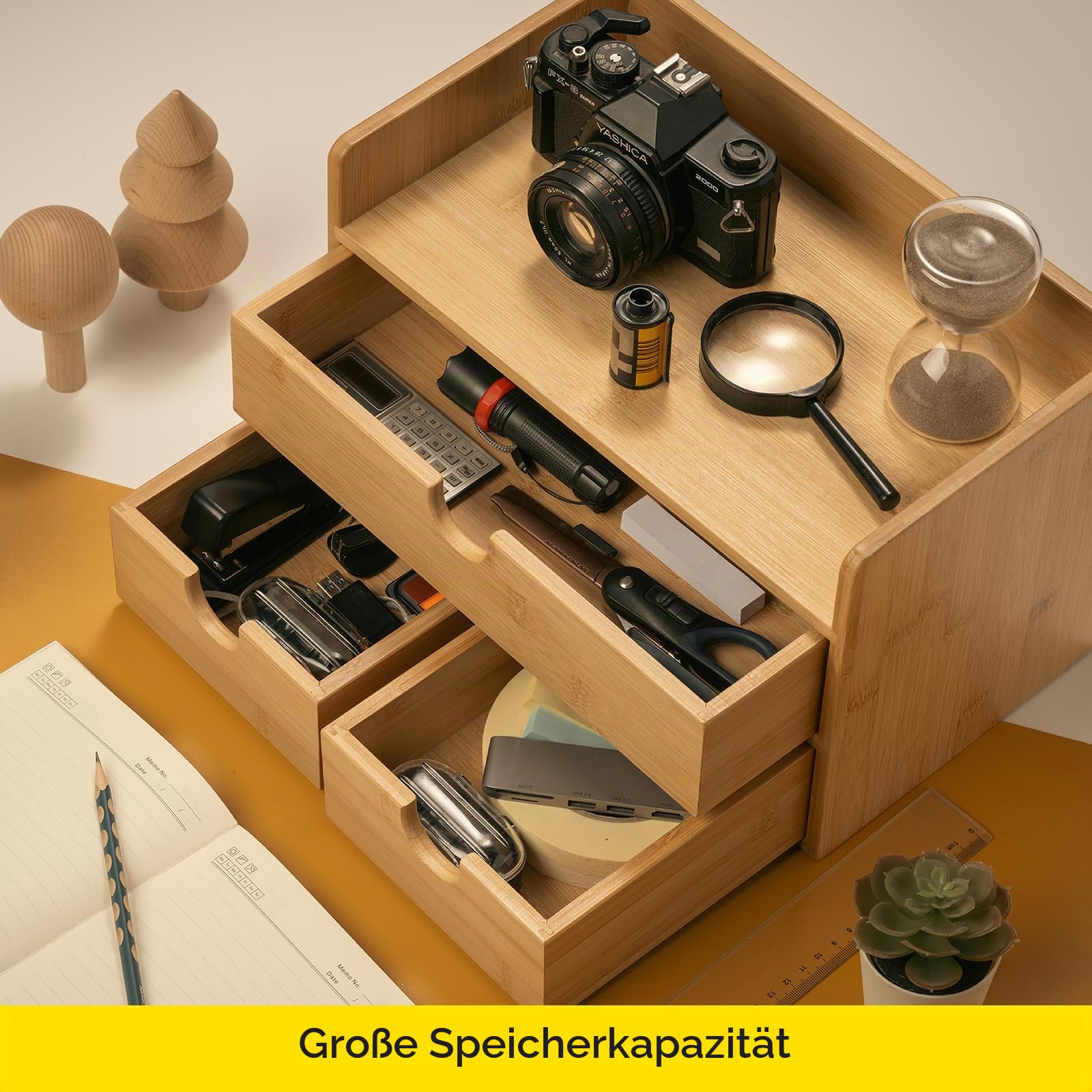 MEEDEN Schreibtisch Organizer mit Schubladen aus Bambus: Desktop Aufbewahrungsbehälter mit Regal - Tischplatte Lagerung Organisation Box für Büro Haus Toiletten liefert | Tisch-Organizer für Kunstbedarf – zur Aufbewahrung von Zeichenwerkzeugen, Malutensil