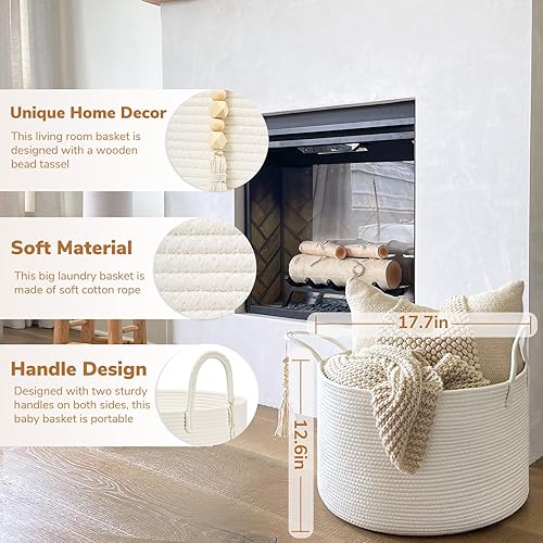 Miniatura 3 de Goodpick Cesta de lavandería grande decorativa blanca para mantas, cesta de almacenamiento de bebé para guardería, sala de estar, dormitorio,