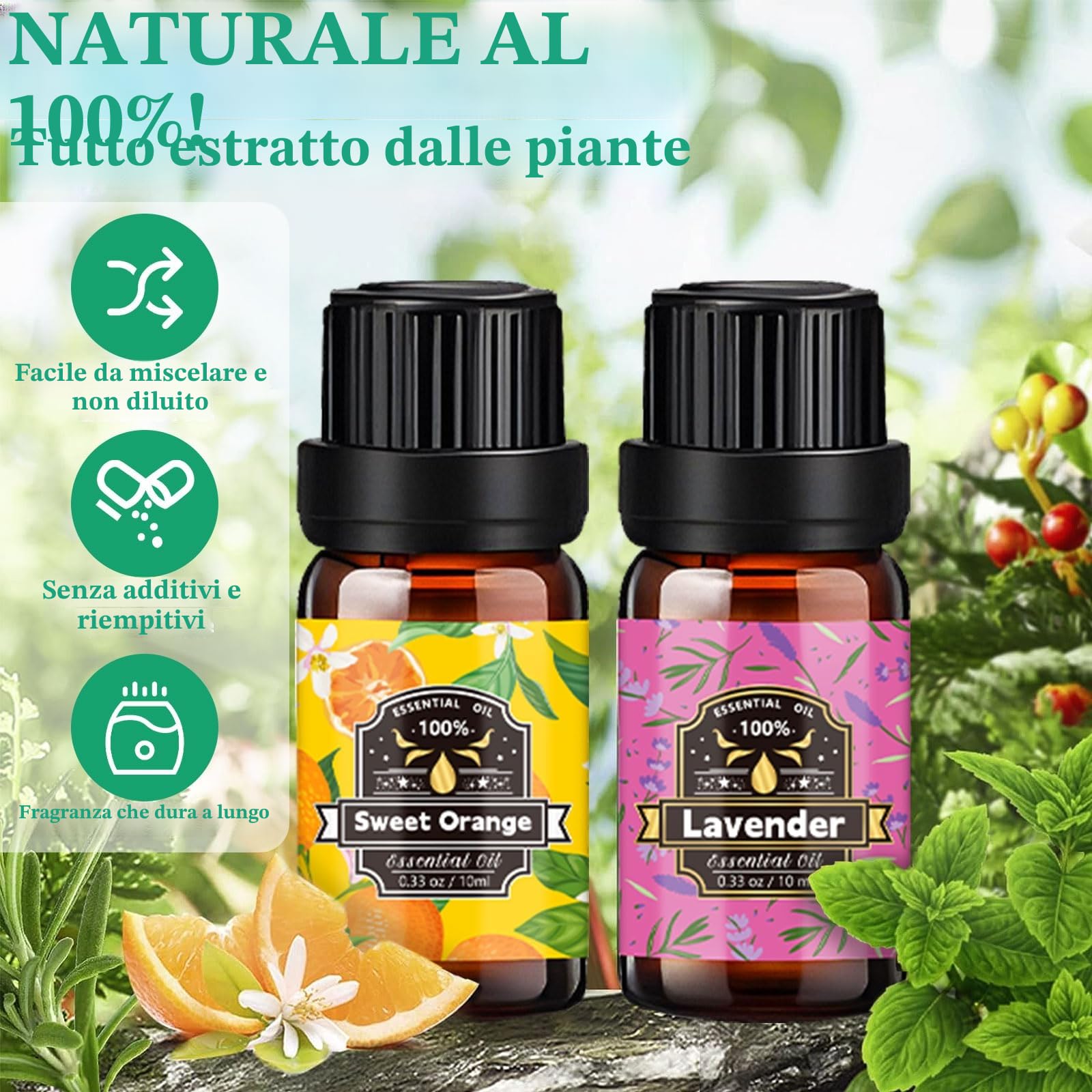 Set di oli essenziali, 20 x 10 ml, oli essenziali per diffusore, diffusore di aromi, puramente naturale, per sapone, candele, cosmetici, lavanda, eucalipto, bergamotto, rosa