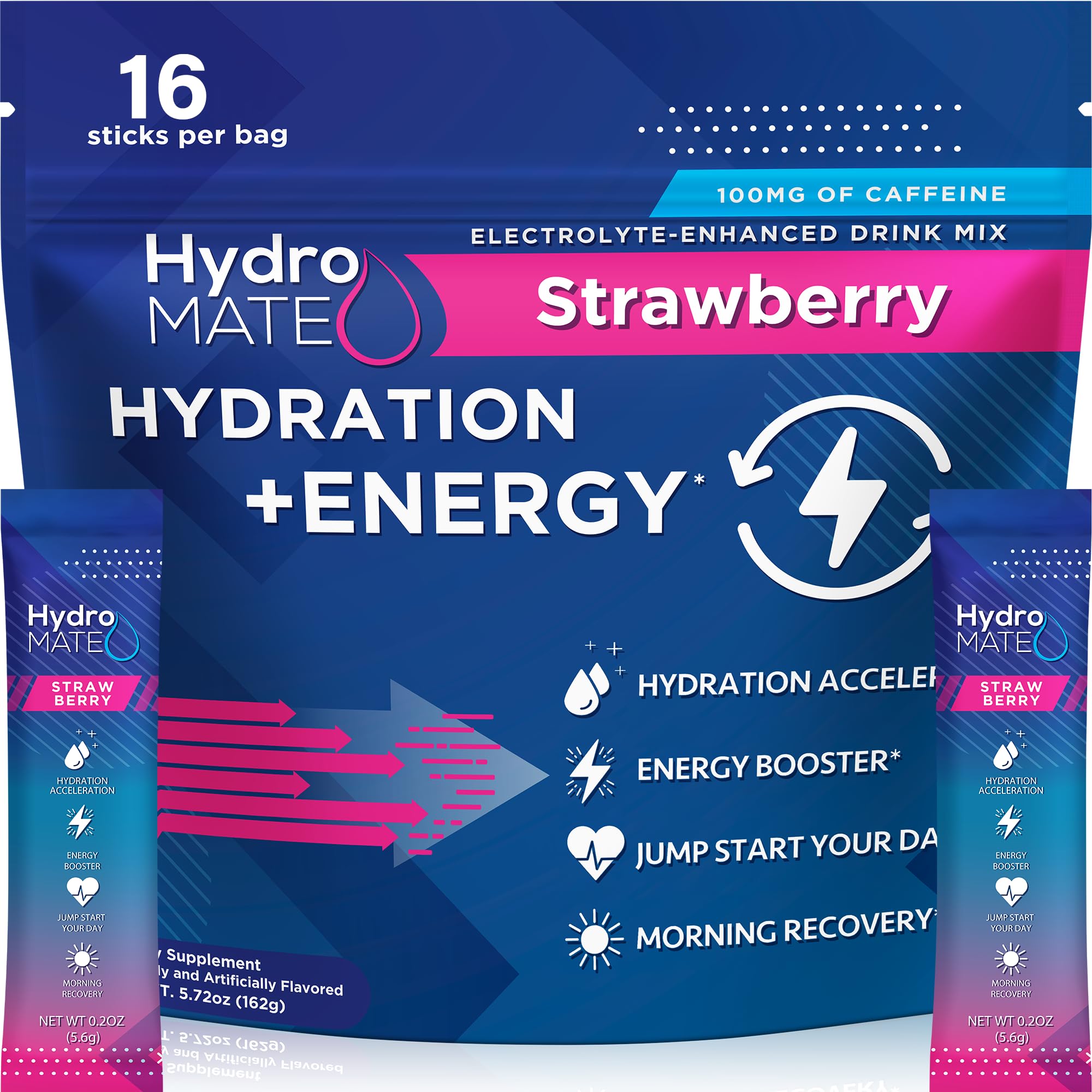 HydroMATE Electrolytes Powder Drink Mix Packets Hydration Accelerator Low Sugar Rapid Party Relief Recovery Vitamin C Plus Caffeine Strawberry 16 Count