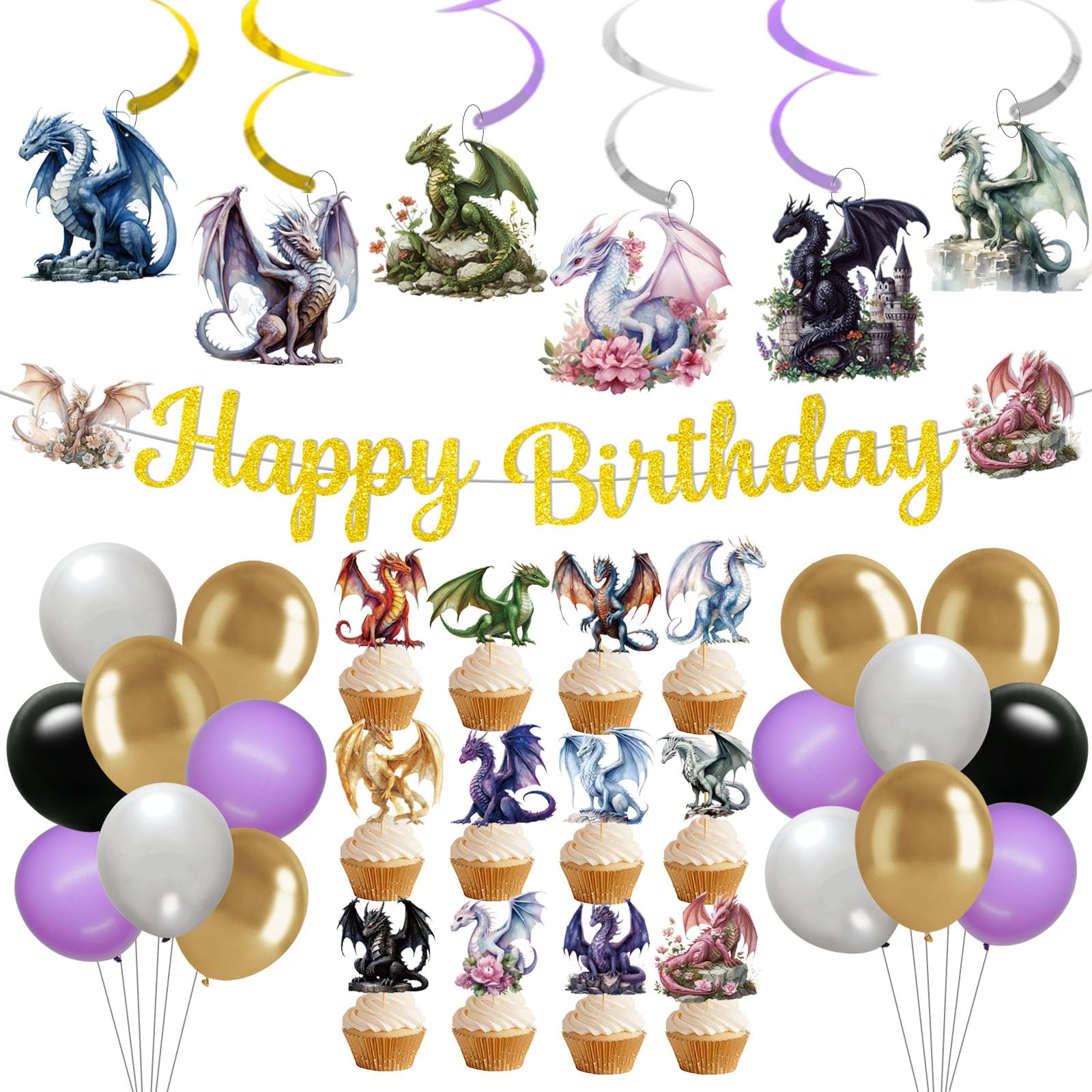 Dragon Birthday Party Decorations - Dragon Party Supplies Include Happy Birthday Banner Balloons Cupcake Topper and Hanging Swirls for Dragon's Theme