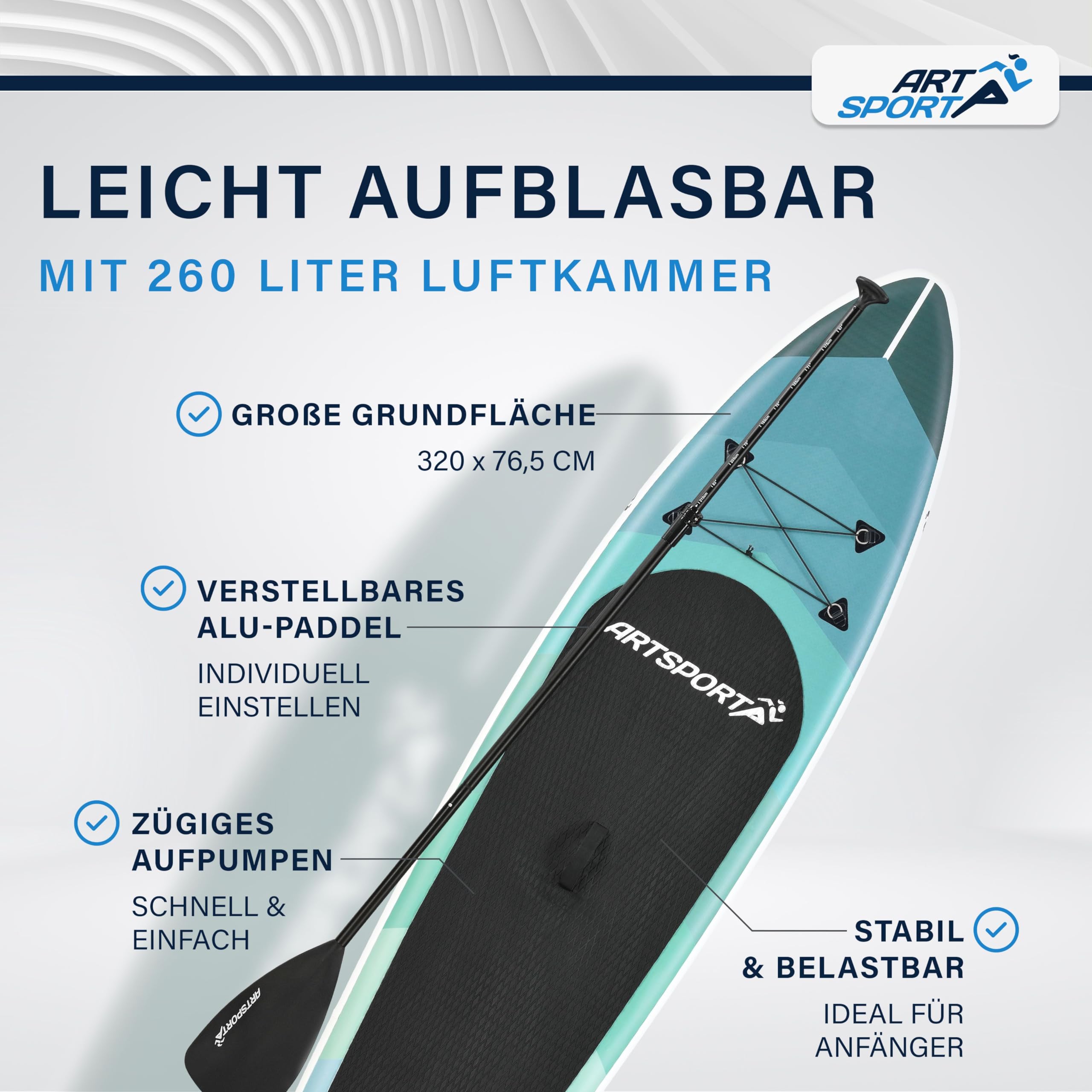 ArtSport SUP gonfiabile 320 cm – Tavola Stand Up Paddle | 150 kg | Set completo con pagaia, pompa, leash, zaino
