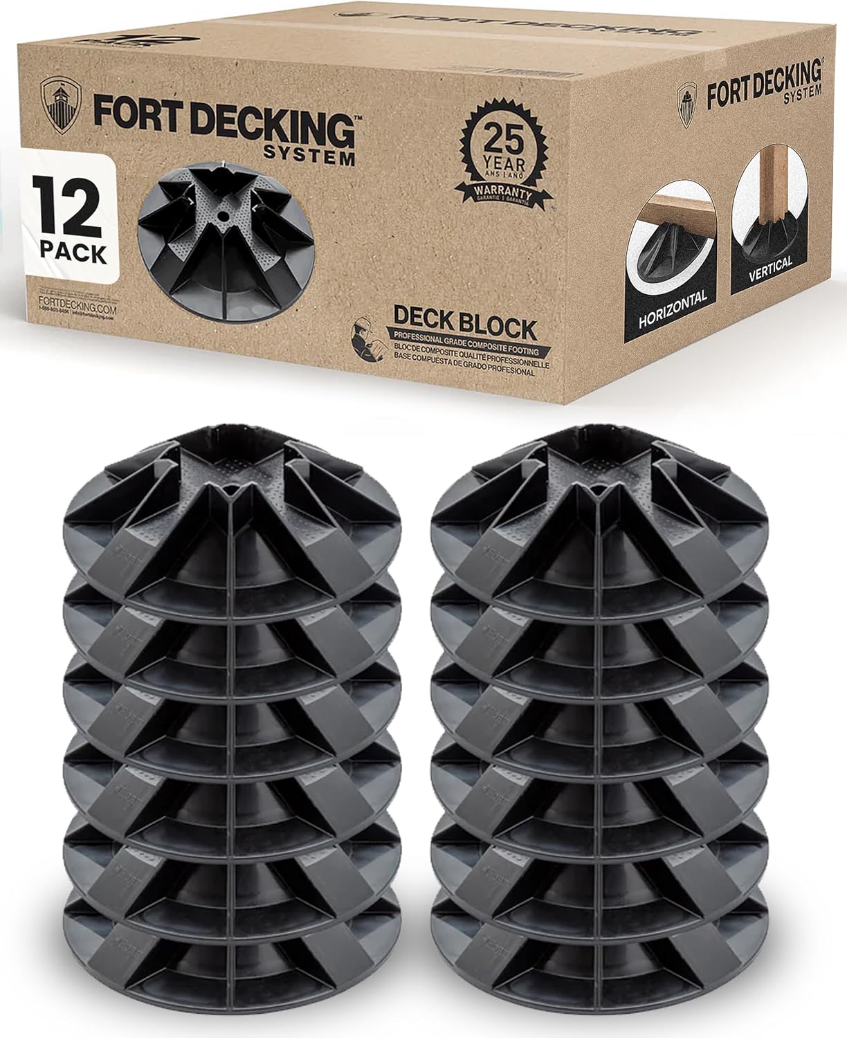 Fort Decking Systems Fort Decking 12-Inch Deck Blocks for Posts, Fits 4x4, 2x4, 2x6 2x8 and 2x10 Joists and Beams, Pack of 12, Black