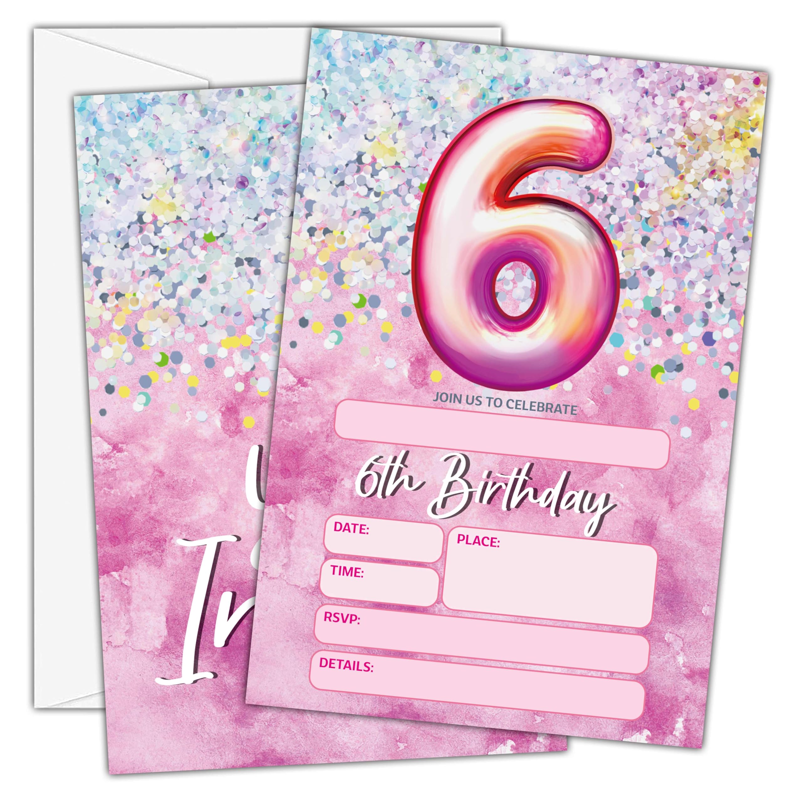 Birthday Invitations - Pink 6th Birthday Invites with Envelopes(25-Count) - Rainbow Foil Fill-in Party Invite Cards for Girls Kids Party Supplies Favors Decorations - A20