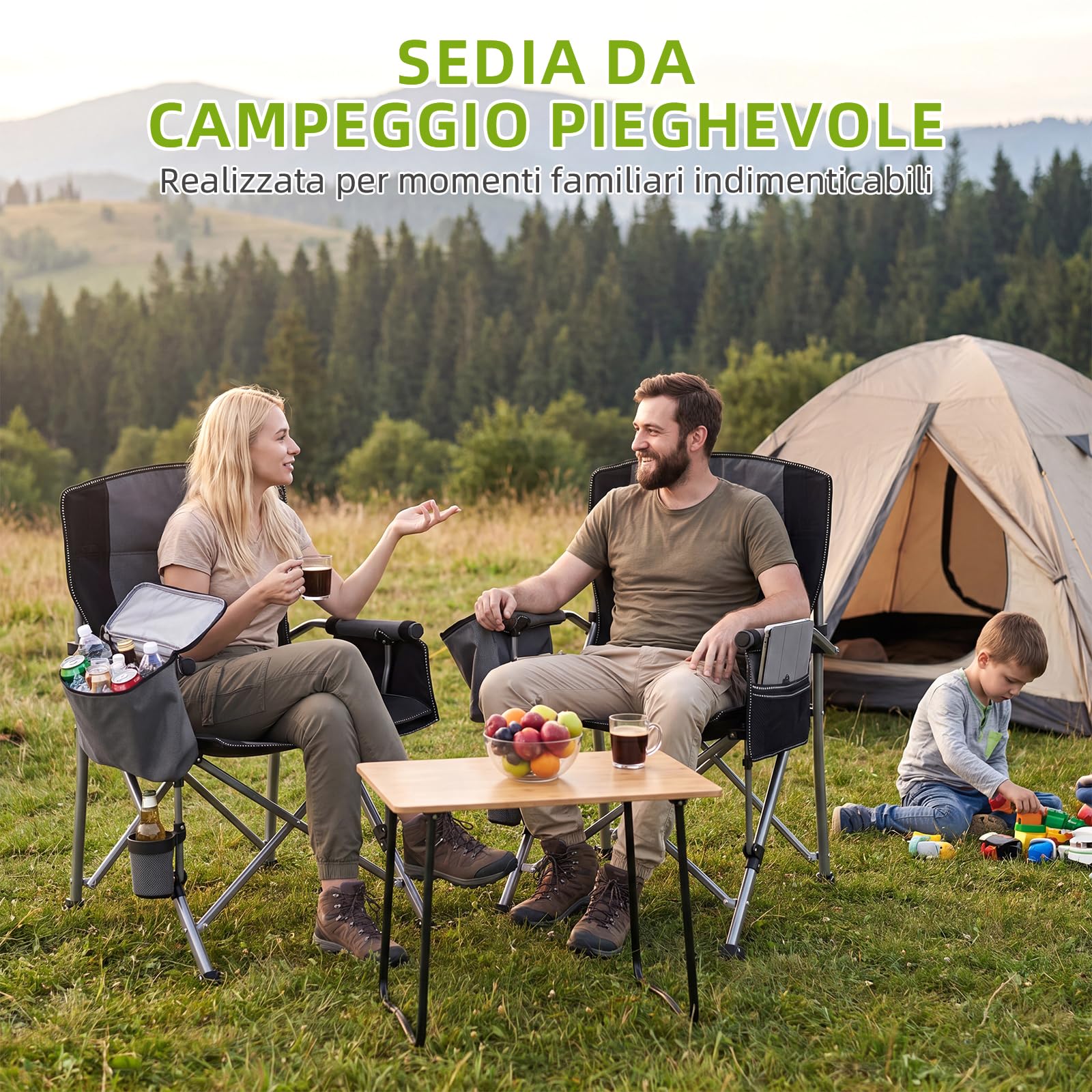 Sedia da campeggio pieghevole, 200 kg, XXL, con schienale alto, comoda sedia da campeggio con portabicchieri, borsa per ghiaccio, leggera, per campeggio, escursionismo, spiaggia, Set di 1