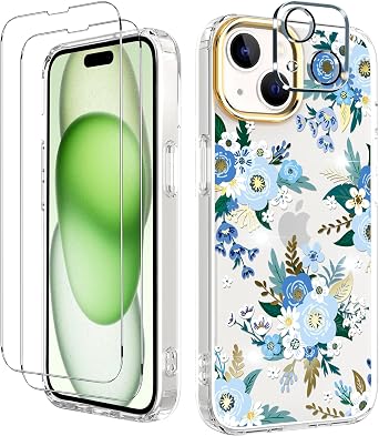 BAISRKE Clear Case Design for iPhone 15 Plus 6.7 inch, with 2 Pack Screen Protectors + 1 Pack Camera Lens Protector Slim Shockproof Women Cute Bumper Cover 6.7" 2023 Blue Creative Floral