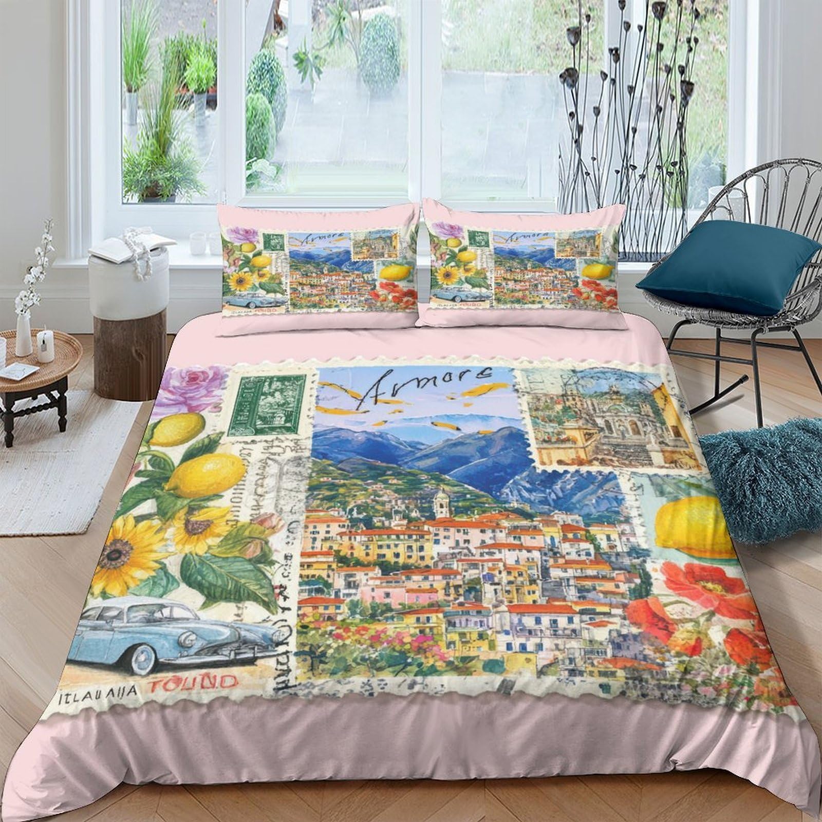 Ctjqhvkz Style-8 3D Printed Italy Travel Fitted Sheet Microfiber Soft Mediterranean Postcard Bed Cover For Bedroom Guest Room Decor Single（135X200cm）