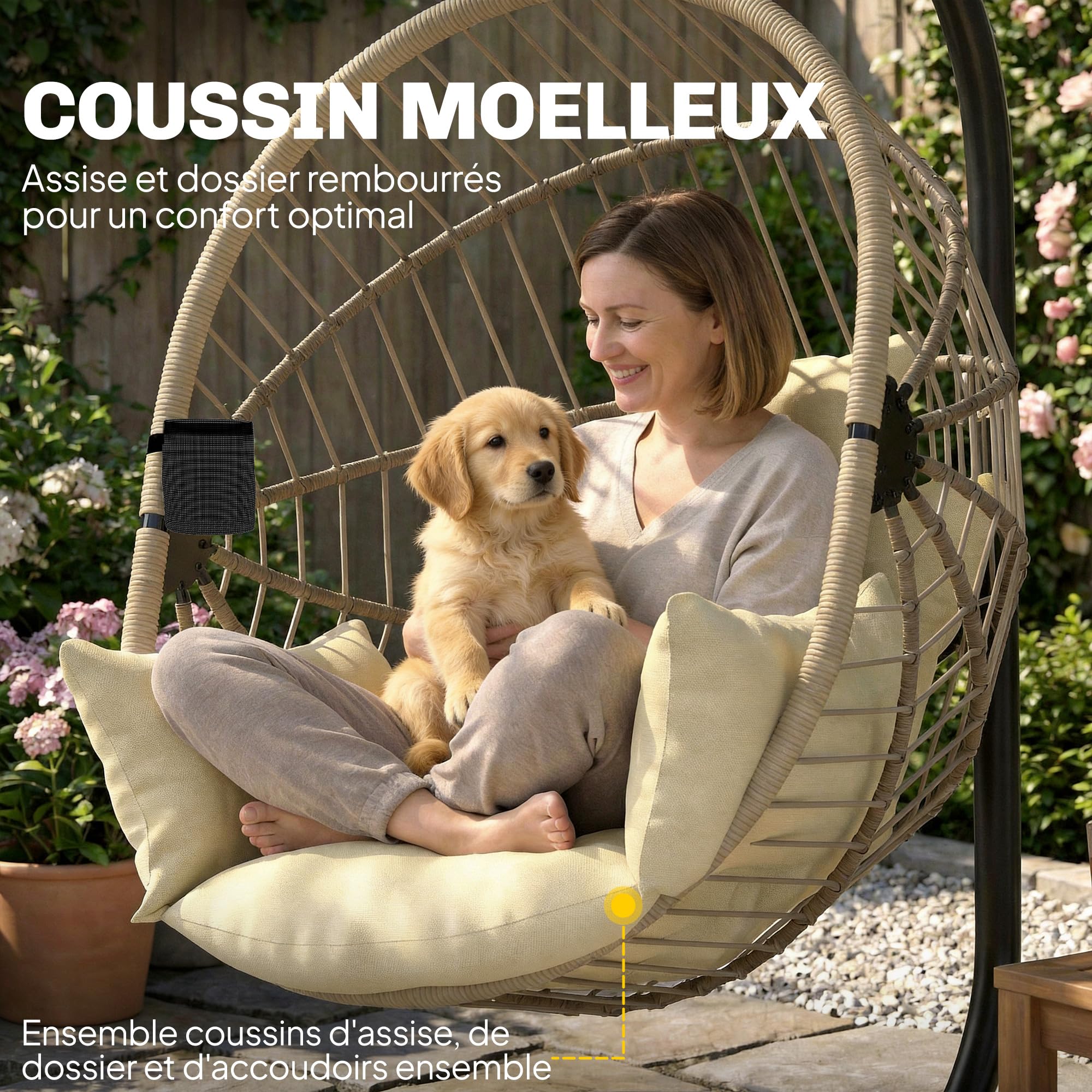 Outsunny - Sillón colgante, silla colgante para hamaca, cesta plegable, cojín acolchado, bolsillo, almohada, silla colgante para interior y exterior, color caqui