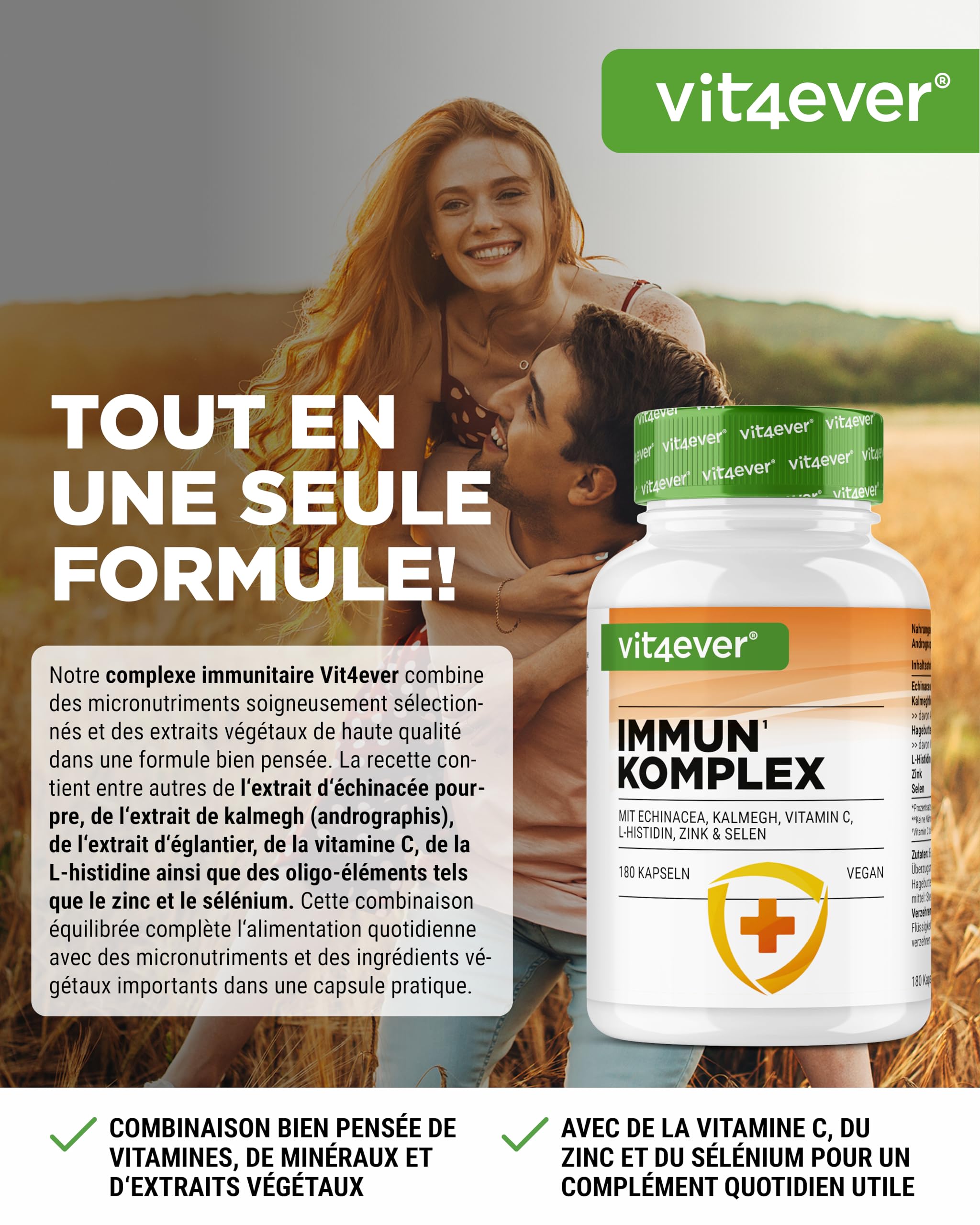 Complexe Immunitaire à Forte Dose - 180 gélules pour 90 jours - 500 mg d'Échinacée, de Kalmegh, d'Églantier, de Vitamine C, de L-Histidine, de Zinc et de Sélénium - Vegan, sans additifs inutiles