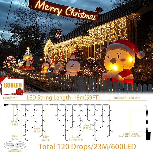 Miniatura 3 de Luces de carámbano para decoración de Navidad, 60 + 16 pies, 600 luces LED de carámbano para exteriores con temporizador conectable, memoria
