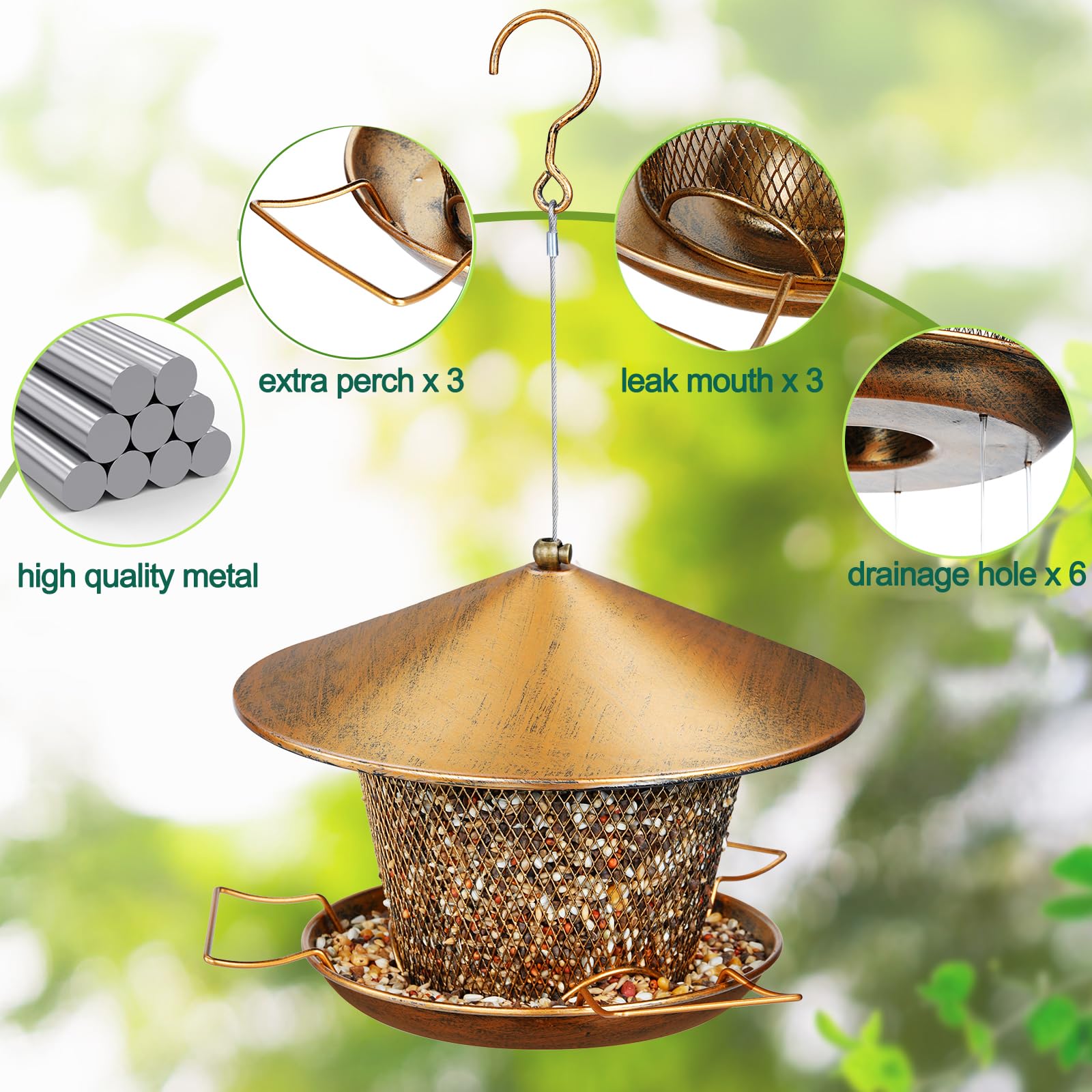 Samhe Bird Feeder for Outdoor Hanging, All Metal Weatherproof Wild Bird Feeder with 9.8" Roof, 3.5 LBs Seeds Capacity, Easy to Clean & Refill - image 3
