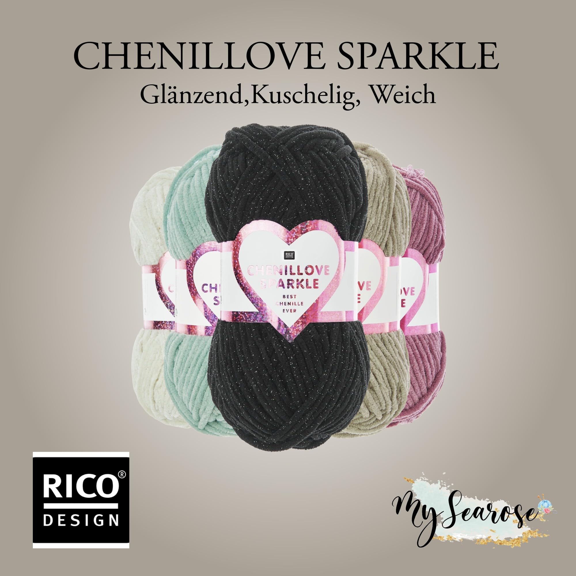 Rico Design 5 x 100g CREATIVE CHENILLOVE SPARKLE CREME Premium Wolle kuschelweich mit Glitzerakzenten für festliche Projekte und gemütliche Dekoideen mit mySearose Label