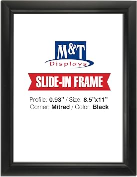 Slide in Frame, 8.5x11 Portrait Size, 0.93" Black, Mitered Corner, Single Sided
