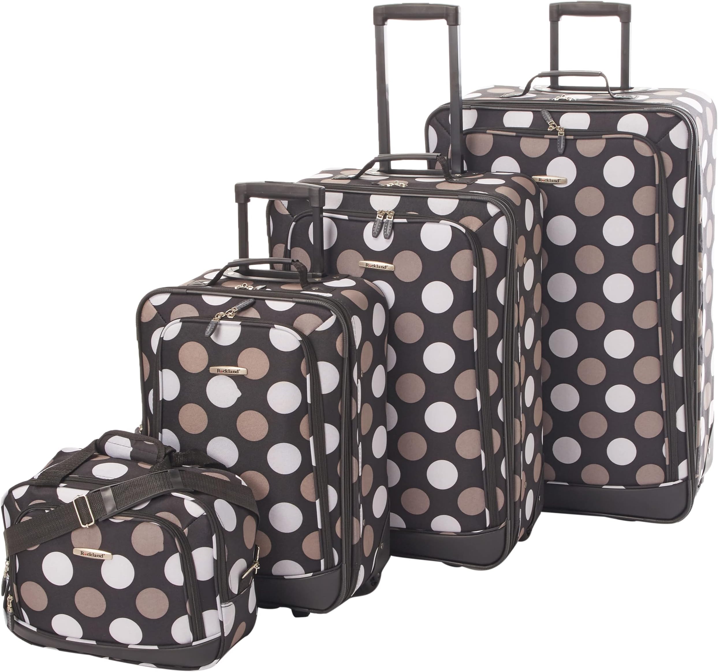 Rockland Escape 4-Piece Softside Upright Luggage Set, Telescoping Handles, Black Dot, (14/19/24/28)