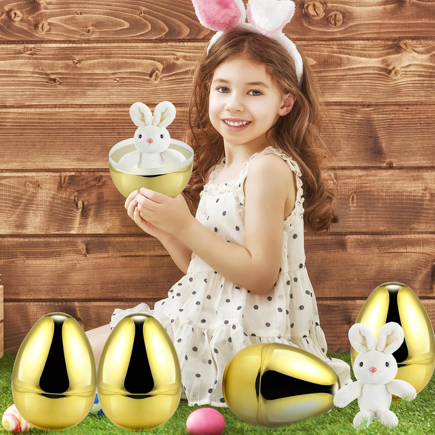 6 Pcs 10 Inch Large Golden Metallic Easter Eggs Jumbo Filled with 10 Inch Plush Bunny Toys Set for Filling Treats, Fillable Surprise Eggs Bulk, Basket Stuffers Fillers Classroom Prize