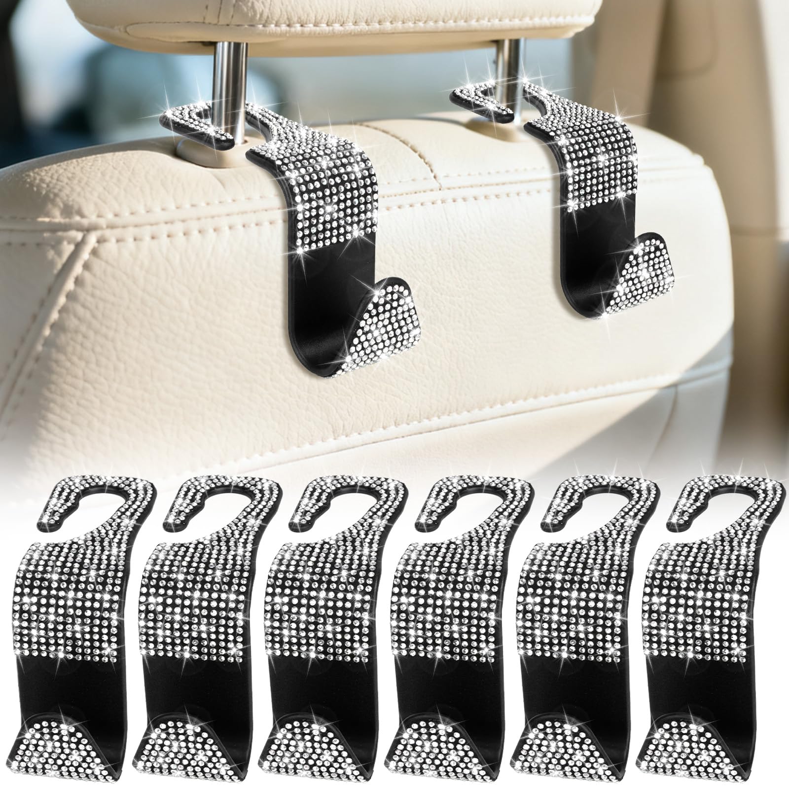 6 Pack Bling Car Seat Headrest Hooks, Rhinestone Purse Hook for Car, Universal Storage Organizer for Handbag Grocery Bags Coats, Bling Car Accessories for Women (Bling White)