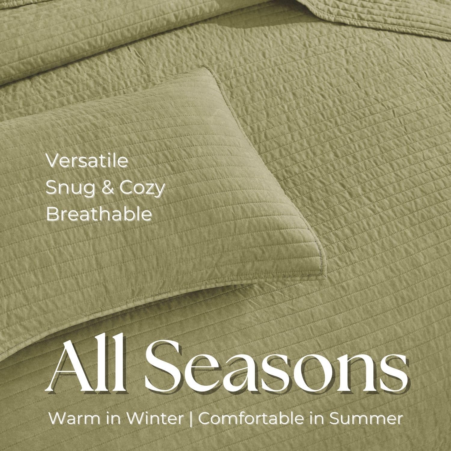 DOWN HOME King Quilt Bedding Set with Shams, Vintage Washed Soft Quilted Blanket Thin Comforter Lightweight Bedspread Coverlet Bed Cover, Brushed Microfiber Stripe Stitching, Golden Olive, 104"x90" - Image 7