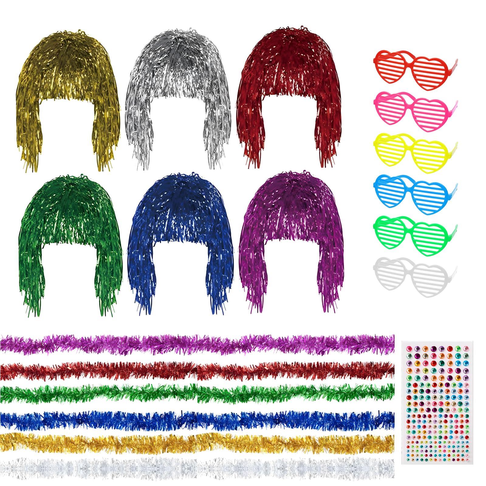 6PCS Party Wigs Made of Tinsel, with 6 Neon Glasses, 1 Diamond Sticker, 6 Strips of Feather Boas, Creating A Festive Atmosphere, for Neon Parties, Masquerade Balls or Role-Playing Activities