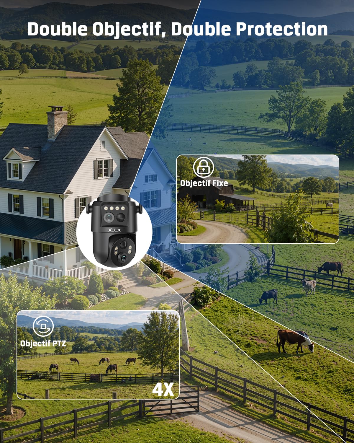 Xega 4G LTE Caméra Solaire Double Objectif avec Carte SIM Extérieure