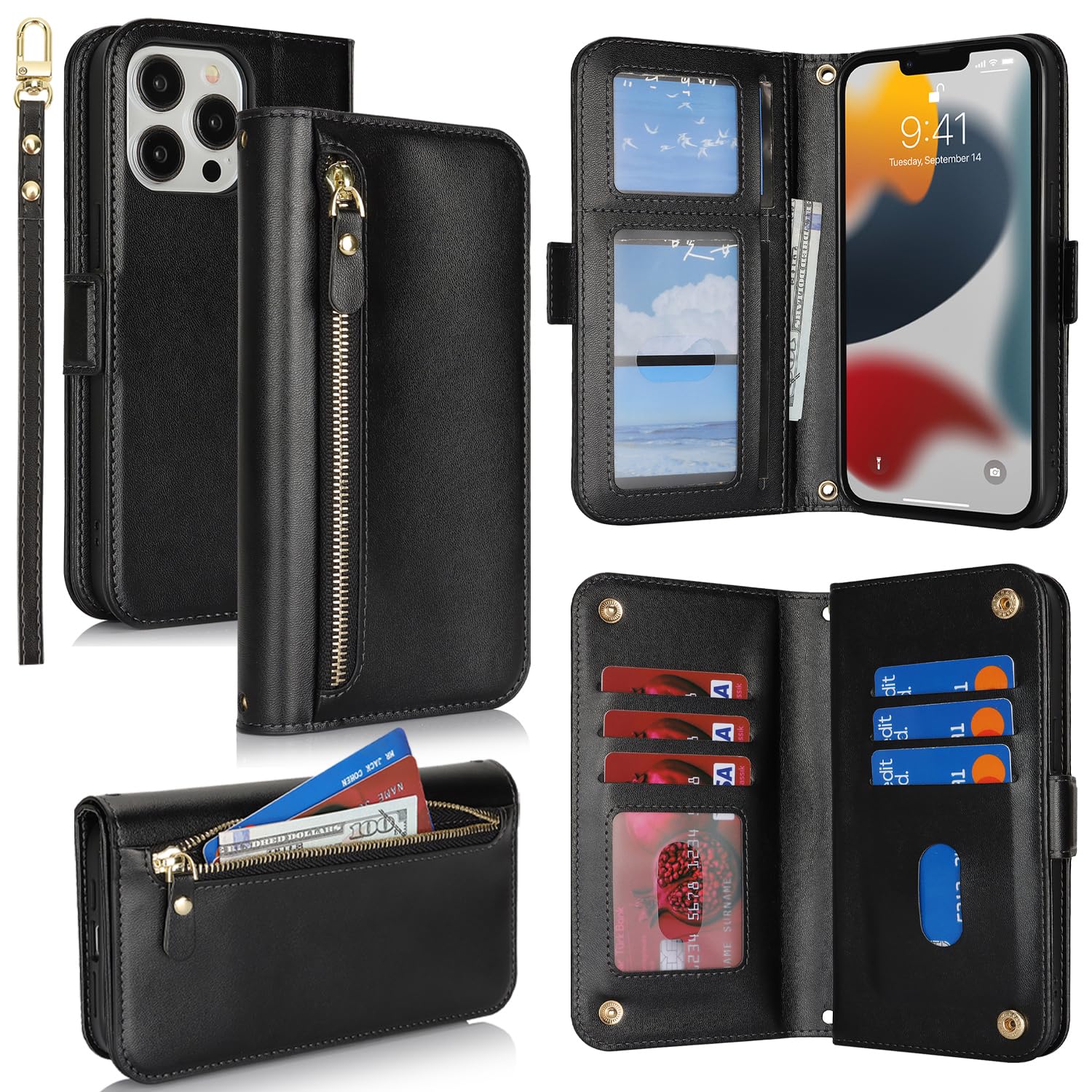 SailorTech for iPhone 13 Pro Max Phone Case Wallet with Card Holder for Women iPhone 13 Pro Max Wallet Case with Credit Card Slots Flip Case Zipper Shockproof Case for Men