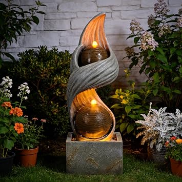 42.9"H Large Water Fountains Outdoor,Modern Spiral Water Fountain Outdoor with Dual Spheres Zen Water Feature Floor Fountain with Light LED Waterfall for Outside Deck, Patio, Porch, Garden, Yard Decor