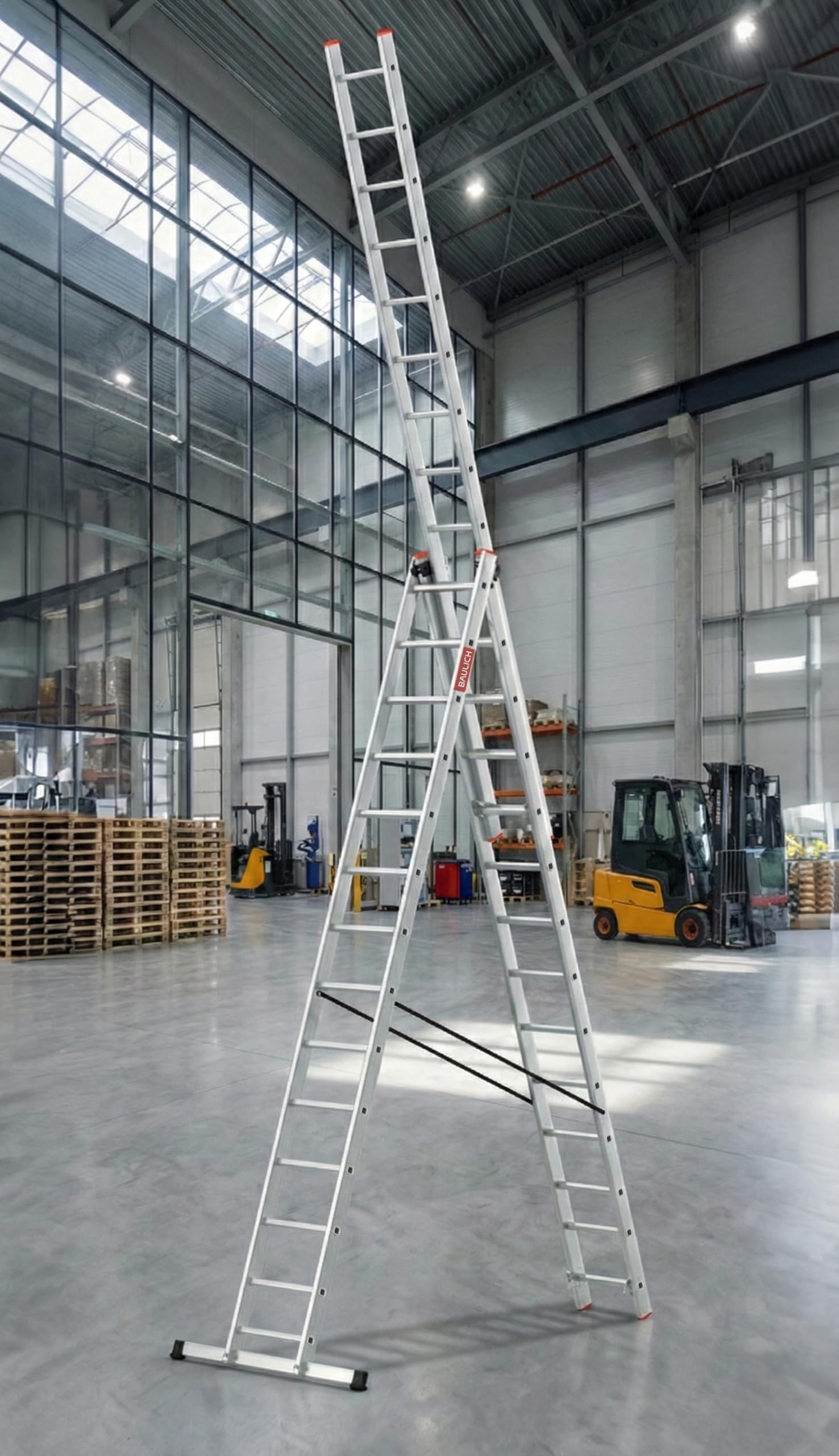 Escalera Multifuncional de Aluminio 3 en 1-14 peldaños - Tres segmentos Profesionales - de Apoyo, Extensible, Autoportante - para Trabajos Domésticos - con Estabilizador - Color Plateado
