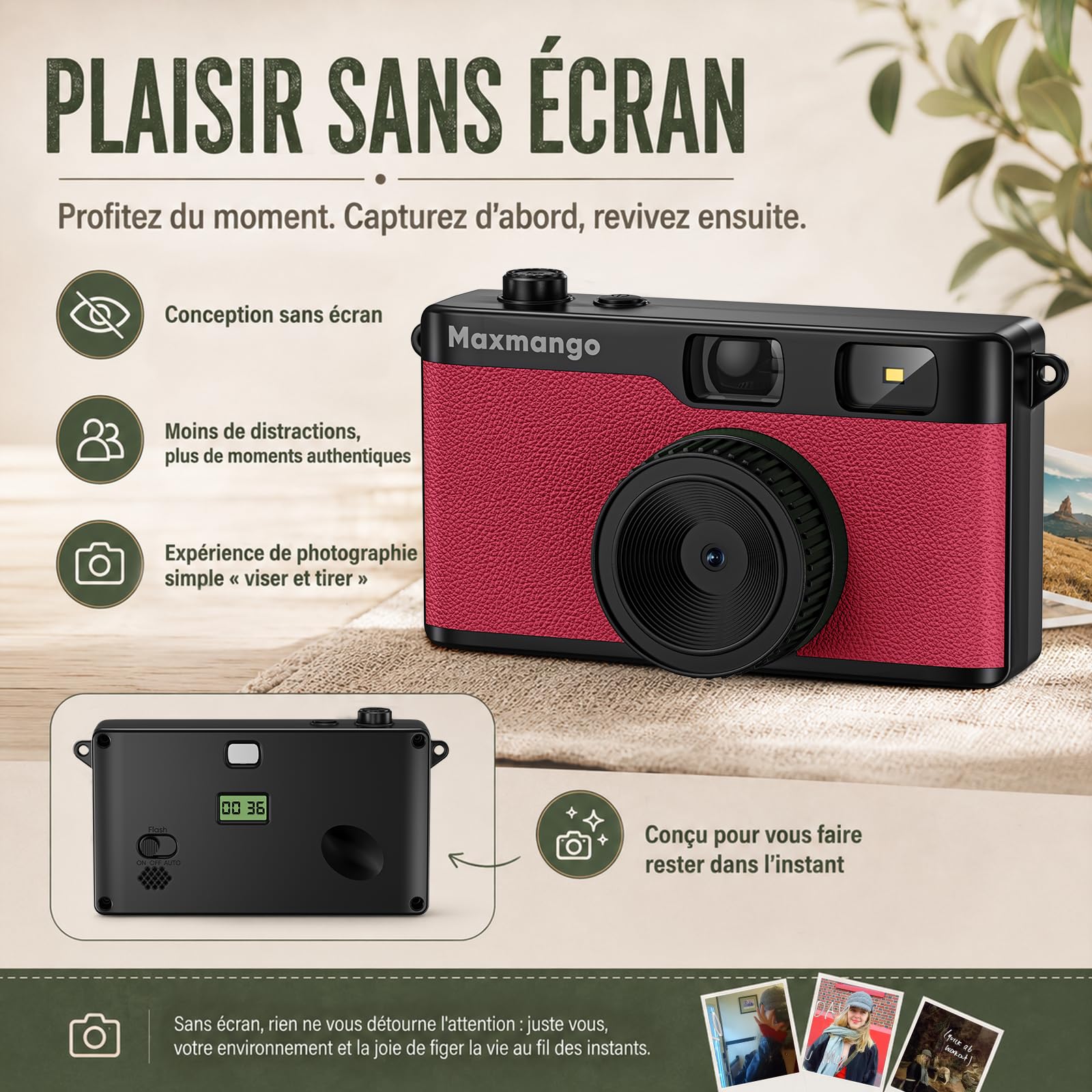Maxmango D53 Appareil Photo Vintage sans Écran, Appareil Photo Numérique Rétro 12 MP, Filtres DIY à Télécharger, Transfert USB-C, Carte SD 8 Go Incluse (Rose)