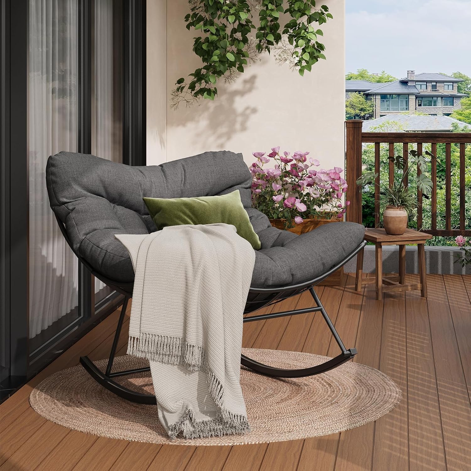 Egg Shaped Rocking Chair, Steel Frame with 4-Section Wire Design, Powder-Coated Black & Gray Polyester Fabric, Oversized Outdoor Rocker for Patio, Balcony, Bedroom