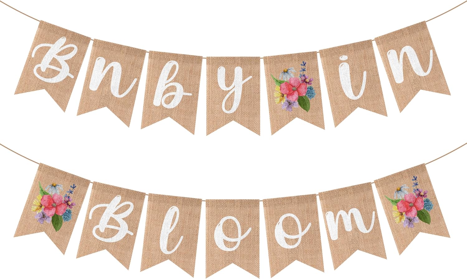 ANGOLIO 2Pcs Floral Baby in Bloom Burlap Banner with Wildflower Garland for Gender Reveal Decorations Boy Girl Baby Shower Hanging Decoration