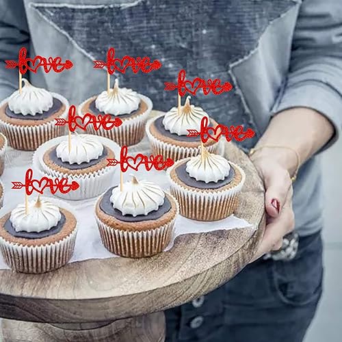 Miniatura 7 de Ercadio Paquete de 24 adornos para cupcakes con flecha roja con purpurina roja para el día de San Valentín, para boda, compromiso, despedida de C