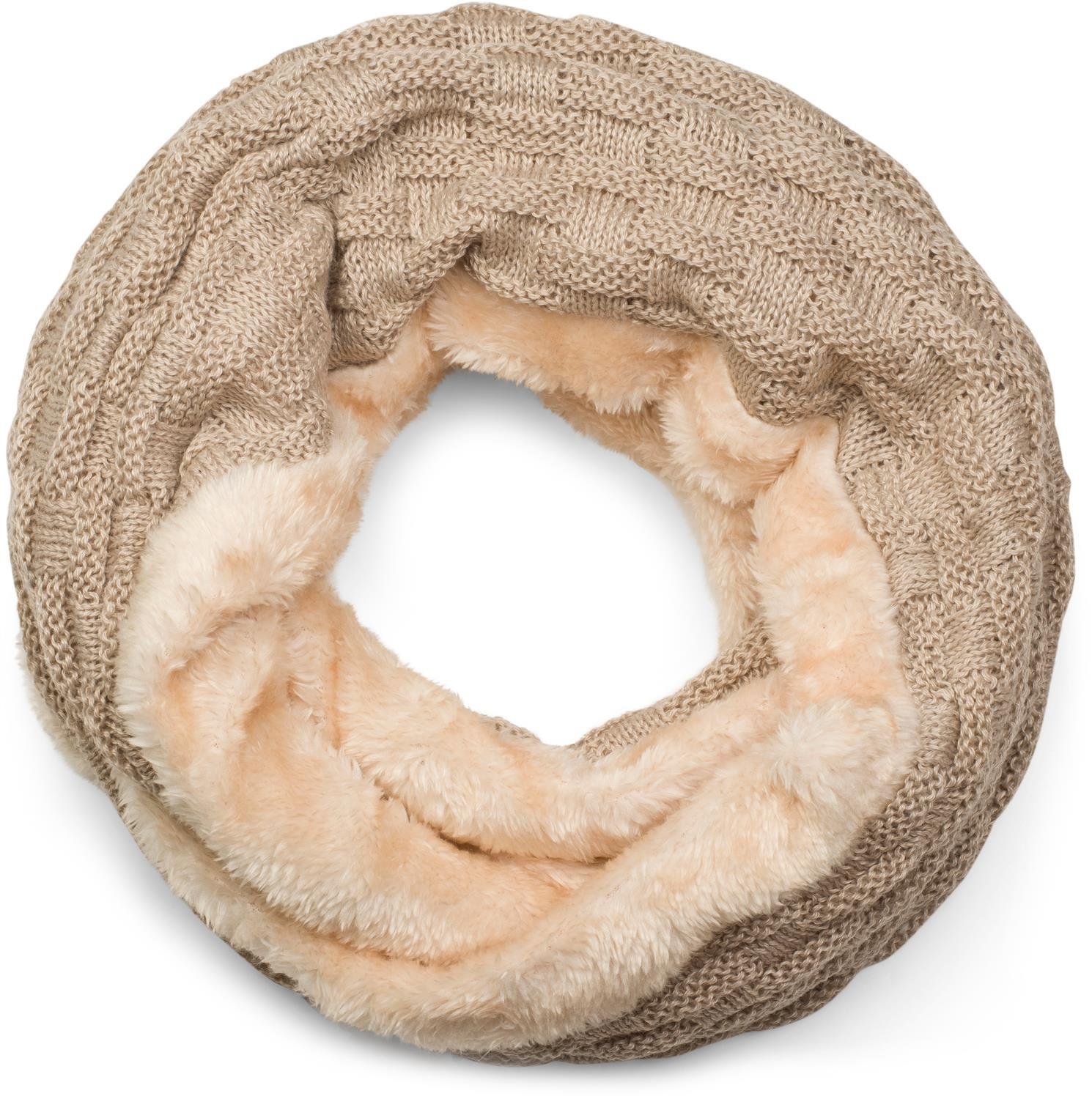 styleBREAKER warm fine-knit loop scarf with woven pattern and very soft fleece lining, snood, unisex 01018150, Colour:Light Brown