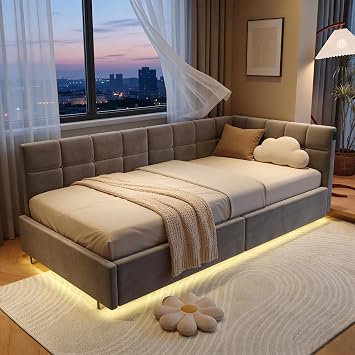BRILVERDE 3ft Sofa Bed 90x190 with LED and USB, Single bed with storage, Padded Headboard, Slatted Base, Modern Bed Frame for Adults, Teenager, Velvet Grey, 90 x 190 cm