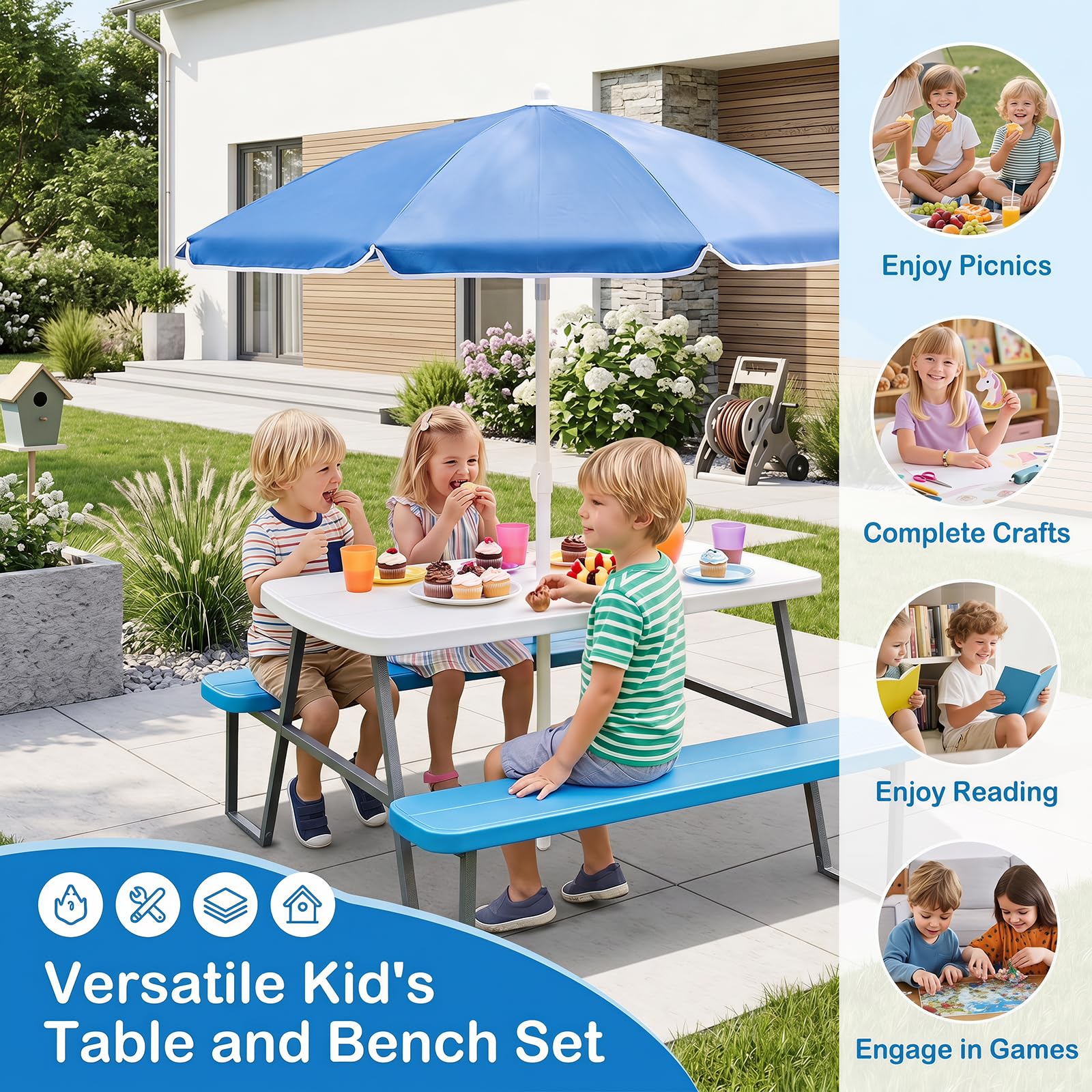 LIFEZEAL Tavolo da Picnic per Bambini con Ombrellone Pieghevole, Regolabile | Set Tavolo e Sedie per Bambini 3-8 Anni, 1 Tavolino e 2 Panche per Giardino, Terrazzo, Campeggio, Cameretta e Cortile