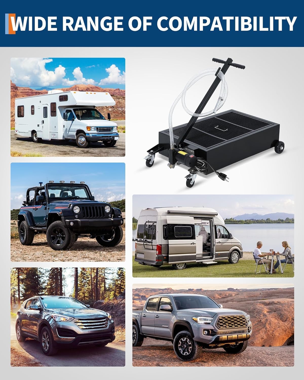 20 Gallon Oil Drain Pan, Low Profile Electric Oil Drain Tank with 110V Pump, Large Capacity Rolling Oil Change Pan with 8.2FT Hose & Folding Handle for Cars, SUVs, Trucks, Buses, RVs,Black