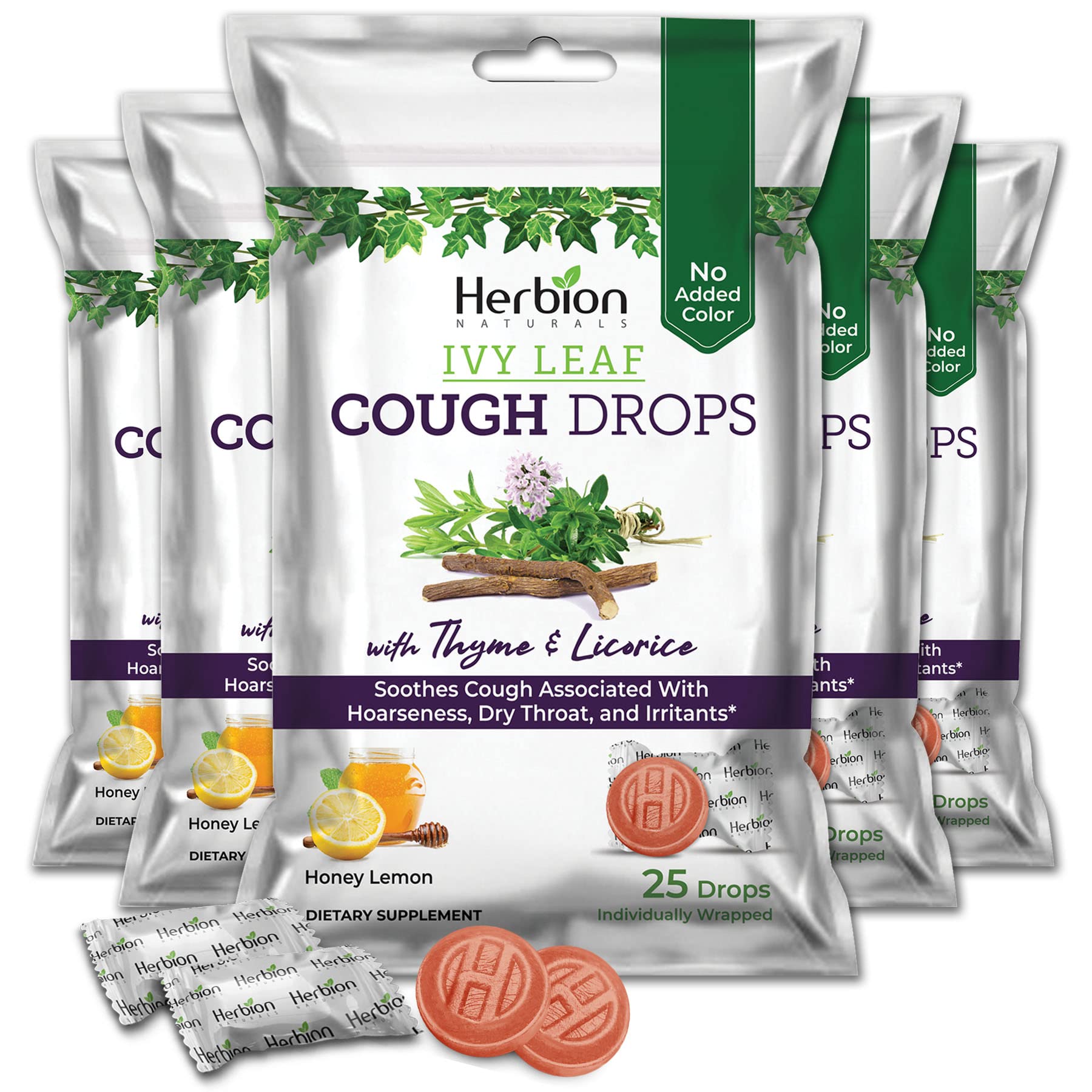 HERBION Naturals Ivy Leaf Cough Drops with Thyme & Licorice, Honey Lemon Flavor, Soothes Cough, for Adults & Children Over 6 Years, 125 Count (Pack of 5)