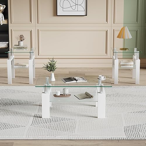 Juego de mesa auxiliar de 3 piezas, incluye 1 mesa auxiliar y 2 mesas auxiliares, juego de mesa de sala con vidrio templado y marco de metal para