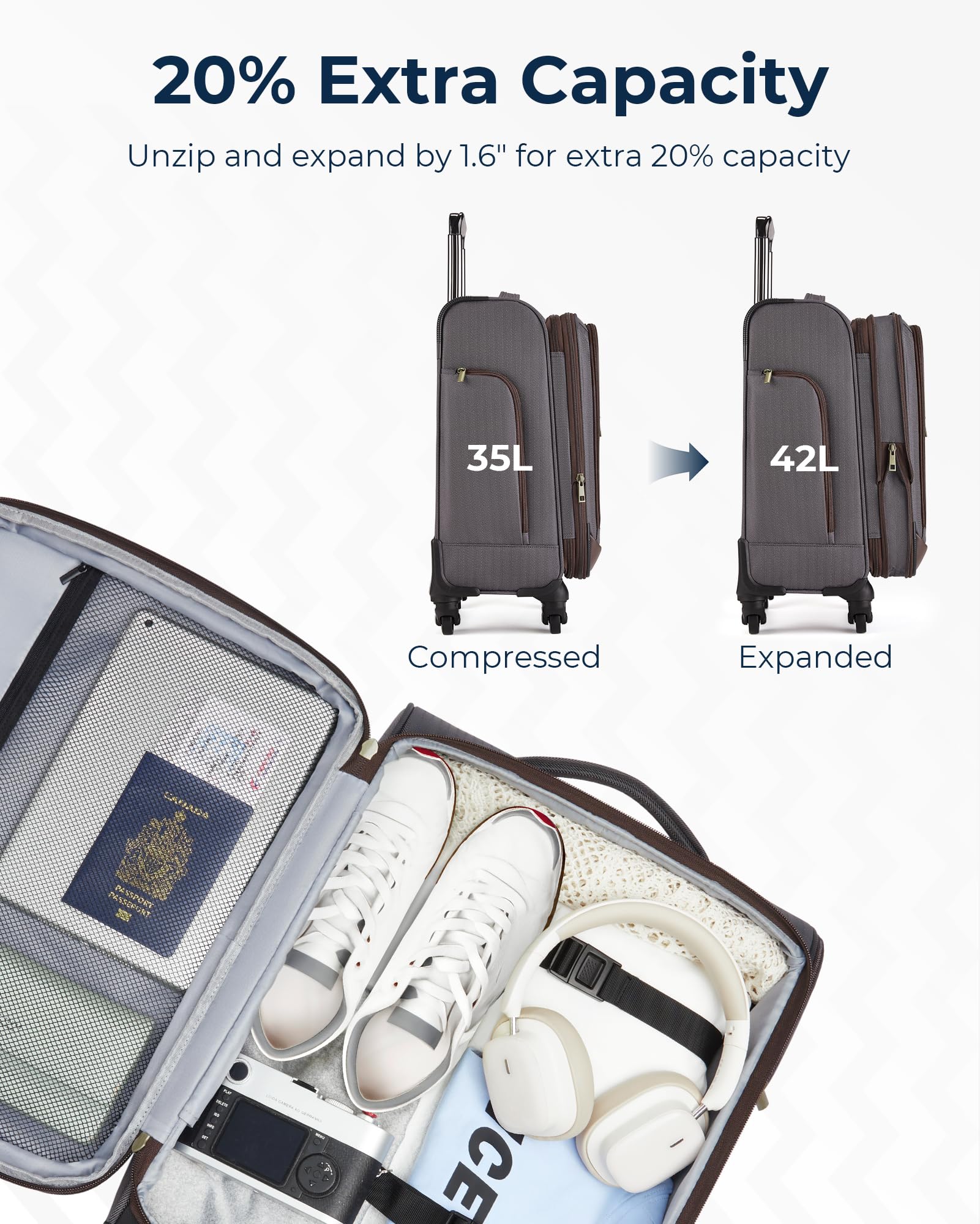 BAGSMART Carry-On Luggage Airline Approved, 20 inch Expandable Suitcase with Duffel bag, Softside Lightweight Suitcases with Spinner Wheels, Durable Travel Luggage, Carry-On Gray