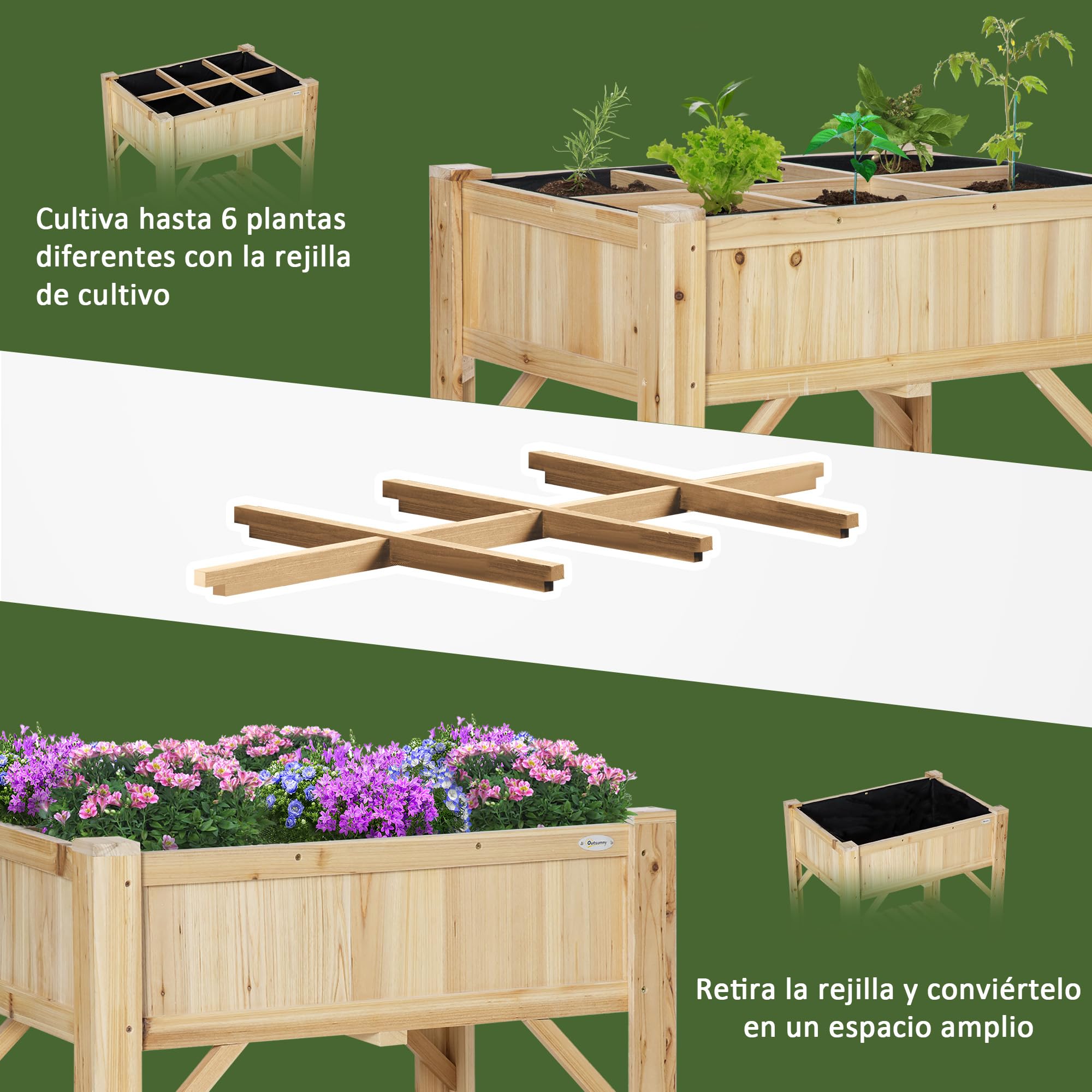Outsunny Huerto Urbano de Madera Mesa de Cultivo con 6 Compartimentos y Estante Inferior para Plantas Flores en Jardín Terraza Exterior Carga 80 kg 78,5x58x81 cm Color Natural