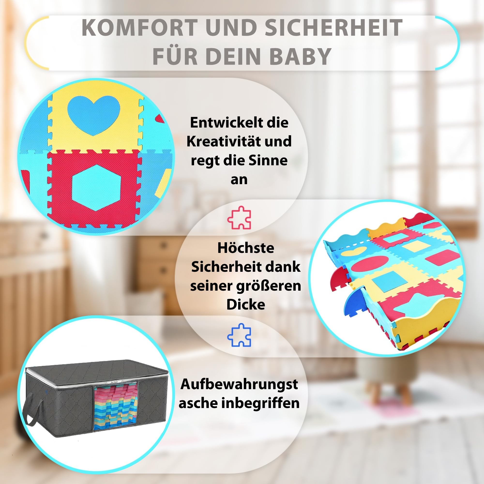 Puzzlematte Baby Eva-Schaumstoff 140x140 cm – Krabbelmatte 1,2 cm Dicke mit 36 Austauschbaren Teilen, Randstücken und Aufbewahrungstasche | Baby Spielmatte rutschfest